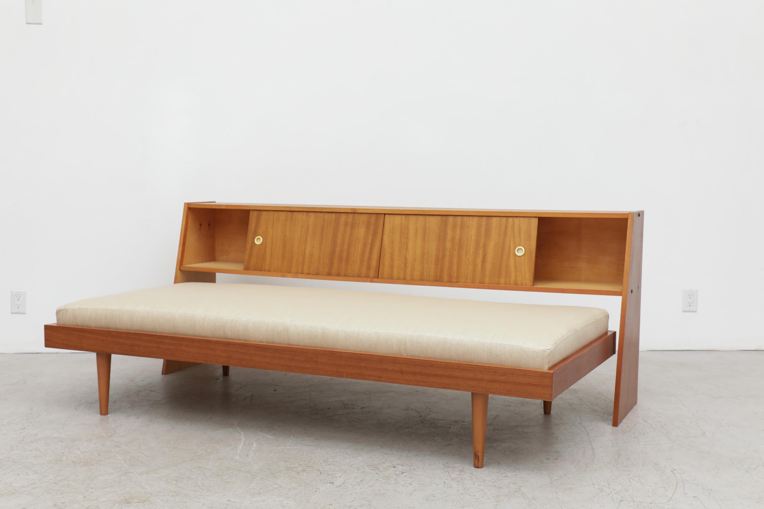 Mid-Century Teak Pull Out Sofa Bed with Detached Headboard and Sliding Doors In Good Condition For Sale In Los Angeles, CA