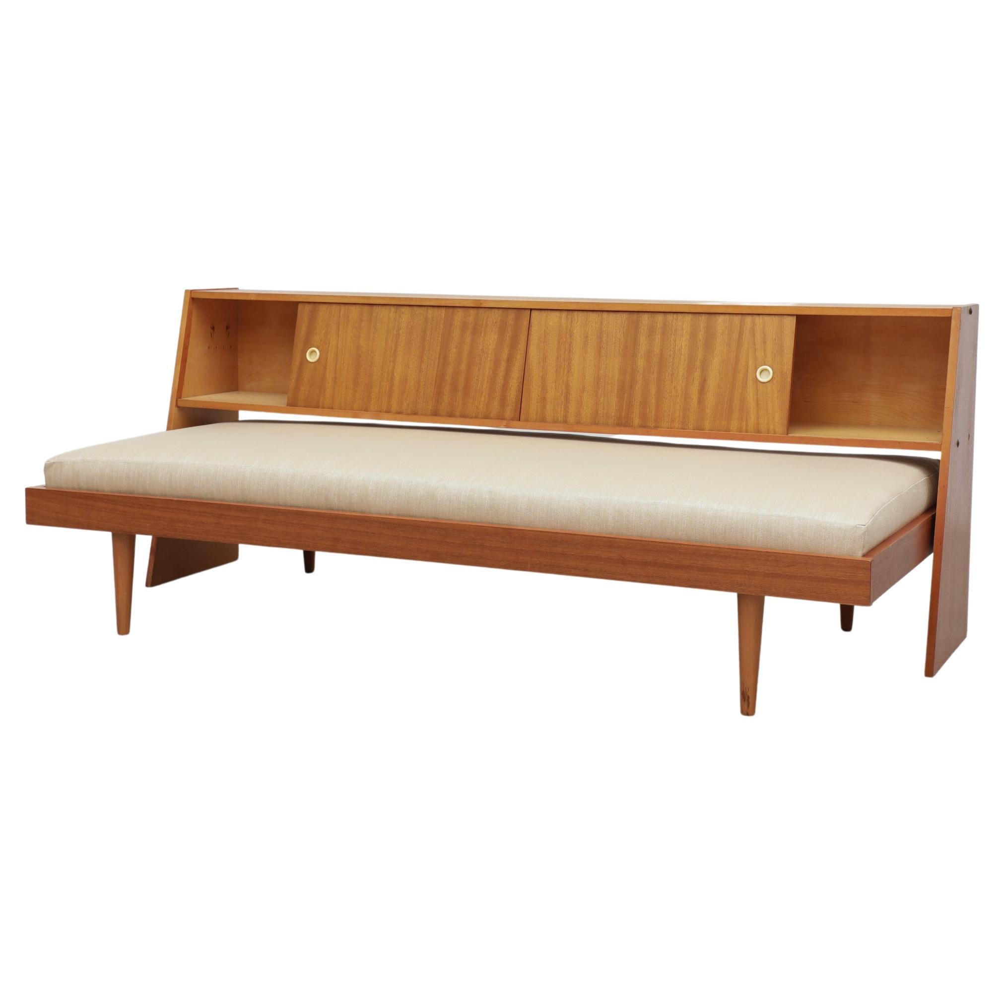Mid-Century Teak Pull Out Sofa Bed with Detached Headboard and Sliding Doors For Sale
