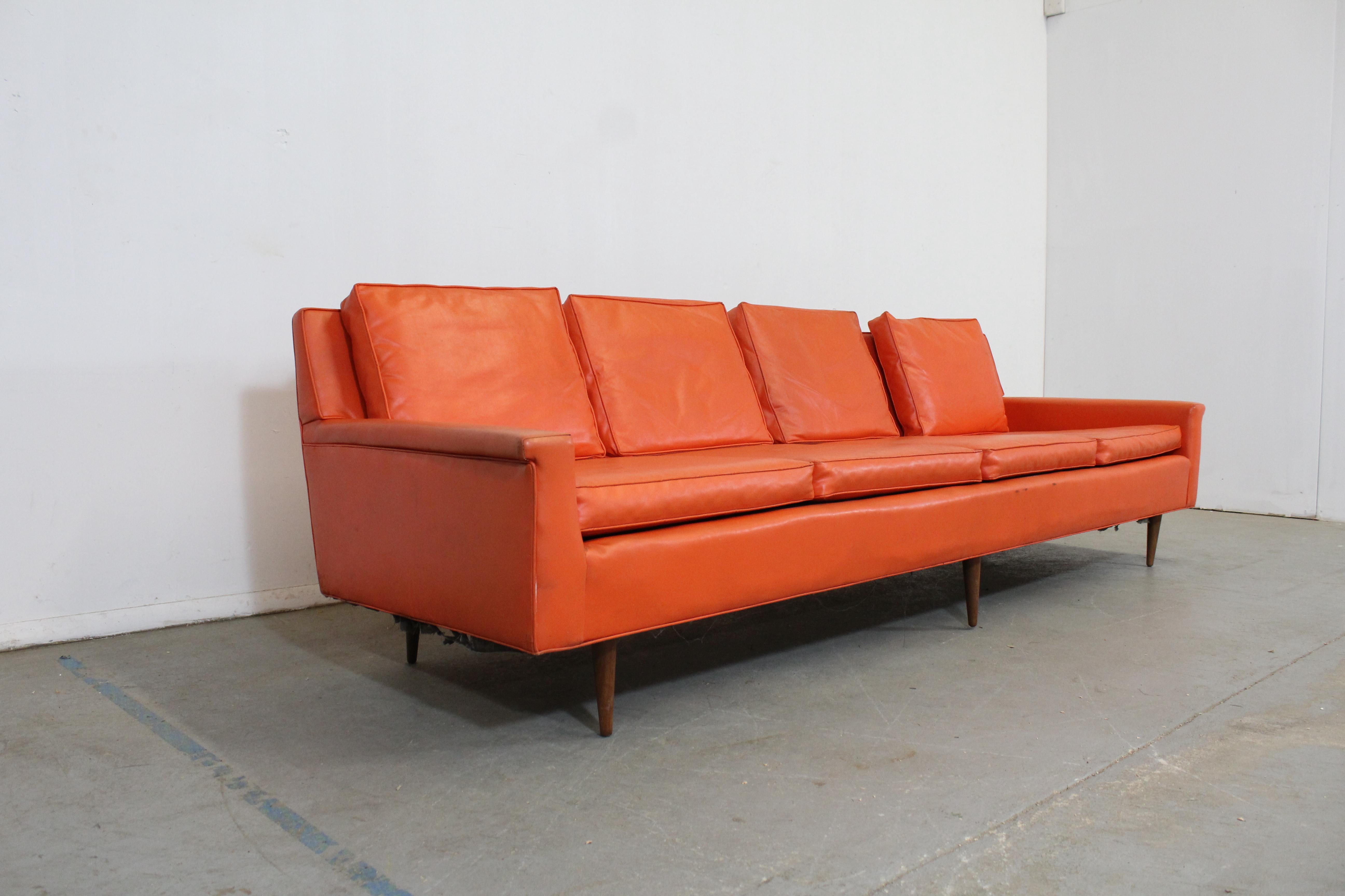Mid-Century Elongated Orange  Sofa Milo Baughman Thayer Coggin 

Offered is an unrestored Mid-Century Modern sofa  by Milo Baughman for Thayer Coggin. This sofa is very rare. The sofa needs to be reupholstered but it is overall structurally sound.
