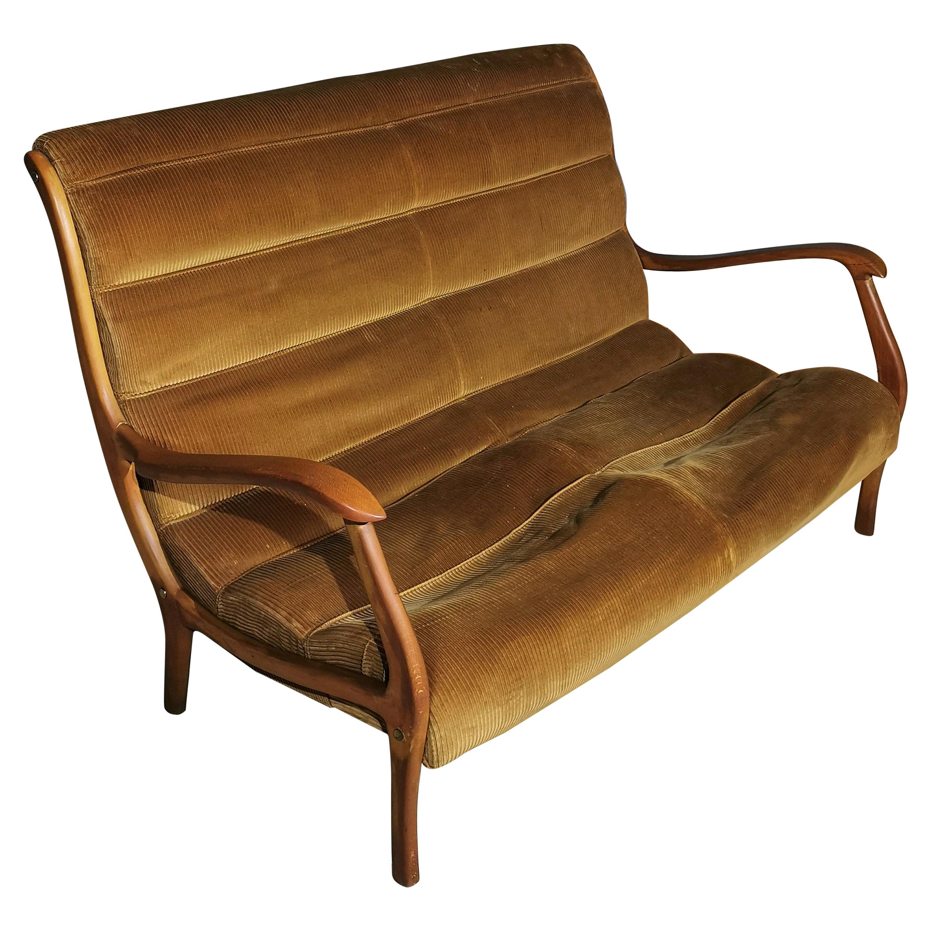 Mid Century Sofa by Ezio Longhi for Elam Velvet Wood Italian Design 1958s