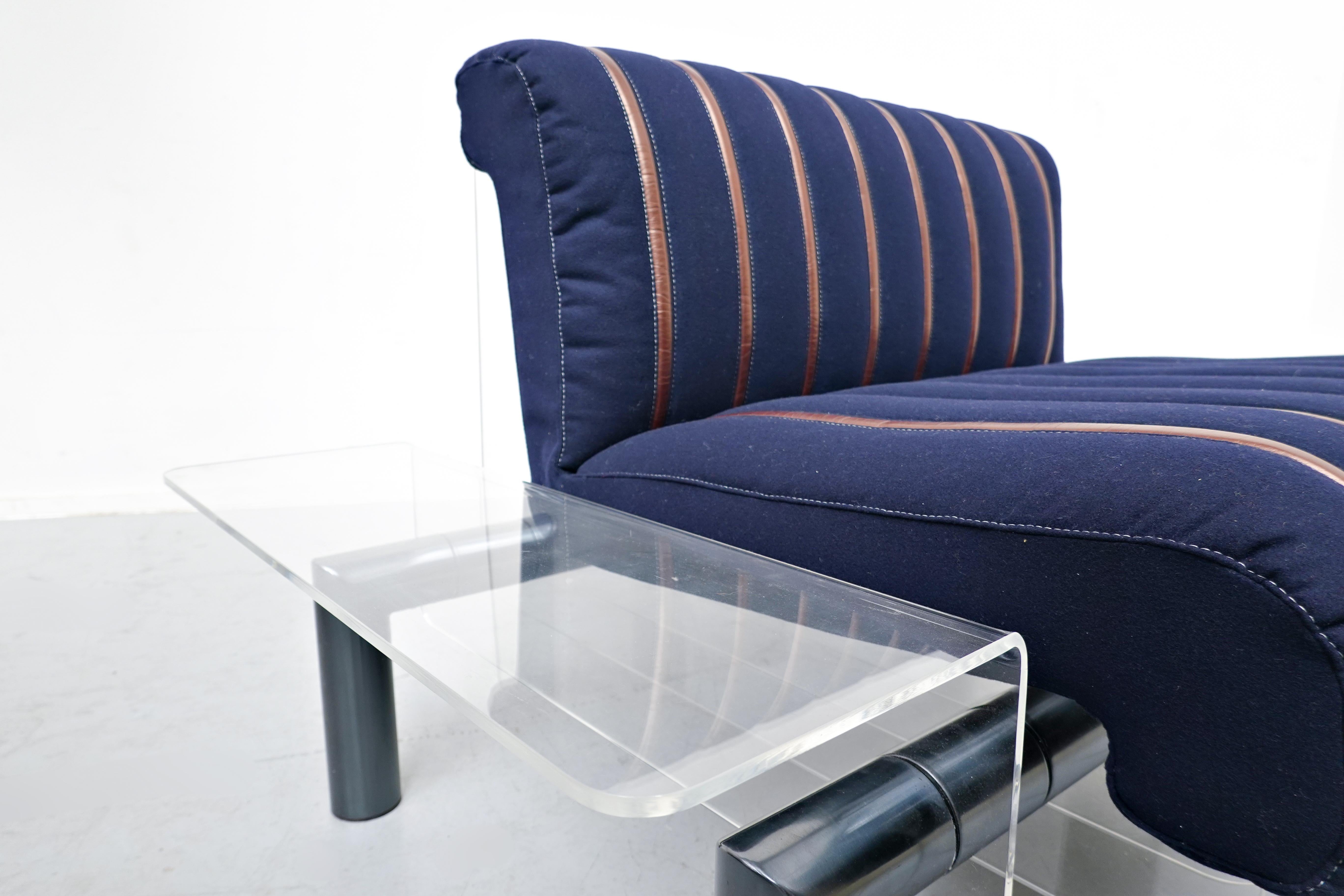 Plexiglass Mid-Century Modern Blue fabric and Leather Sofa by Nico Trussardi, Italy, 1983
