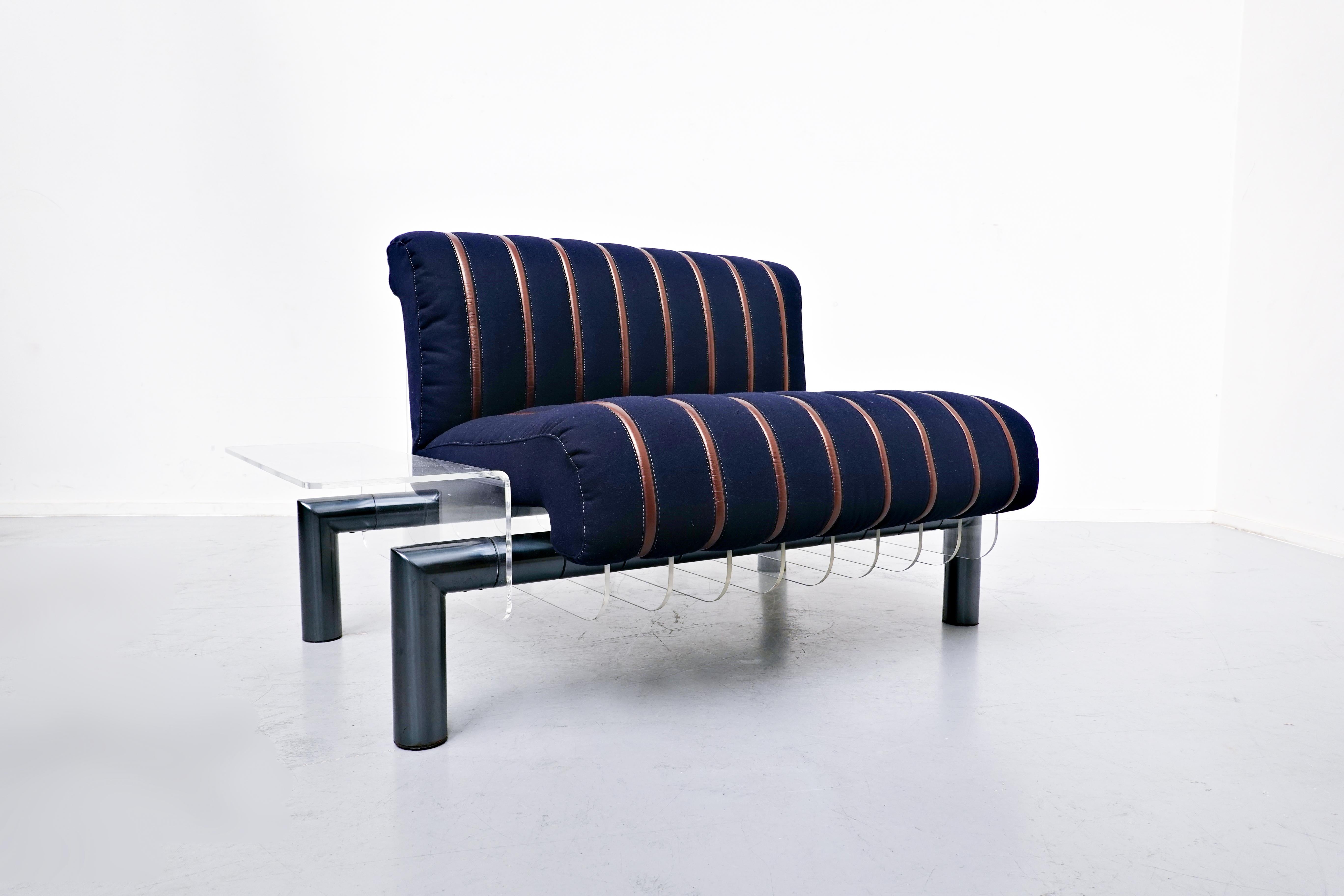 Mid-Century Modern Blue fabric and Leather Sofa by Nico Trussardi, Italy, 1983 4