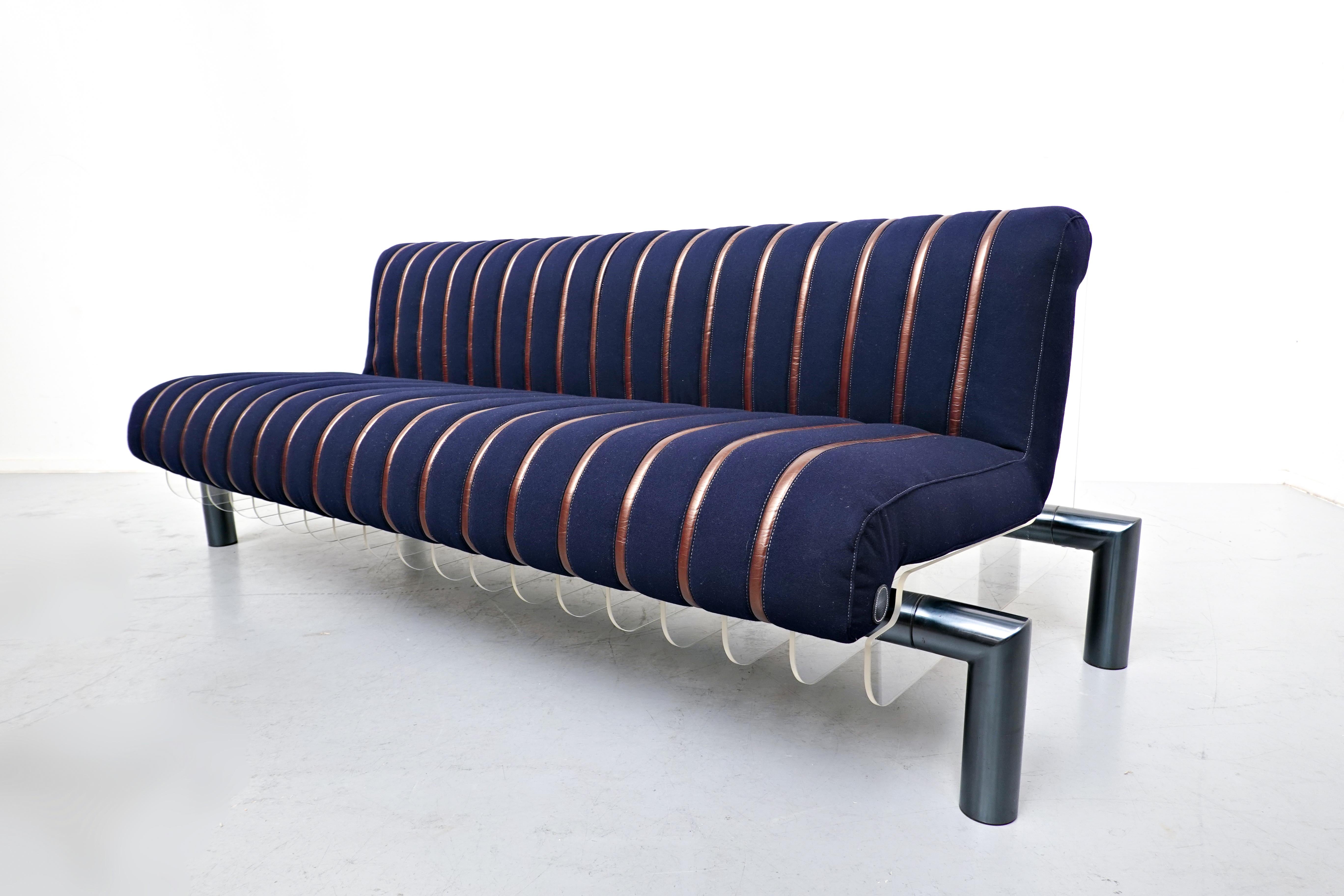 Mid-Century Modern Sofa by Nicola Trussardi Blue Fabric and Leather Italy, 1983 11