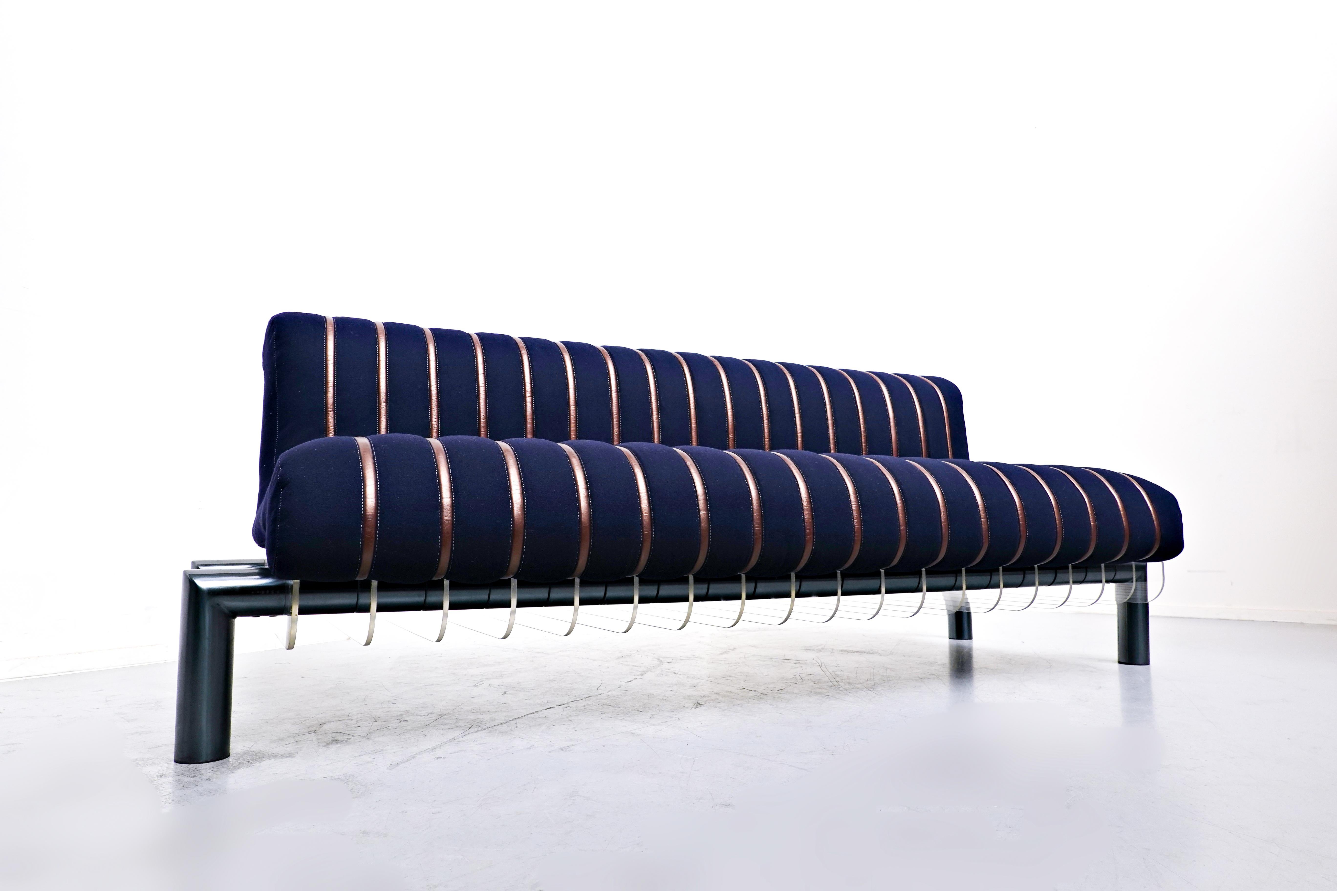 Mid-Century Modern Sofa by Nicola Trussardi Blue Fabric and Leather Italy, 1983 1