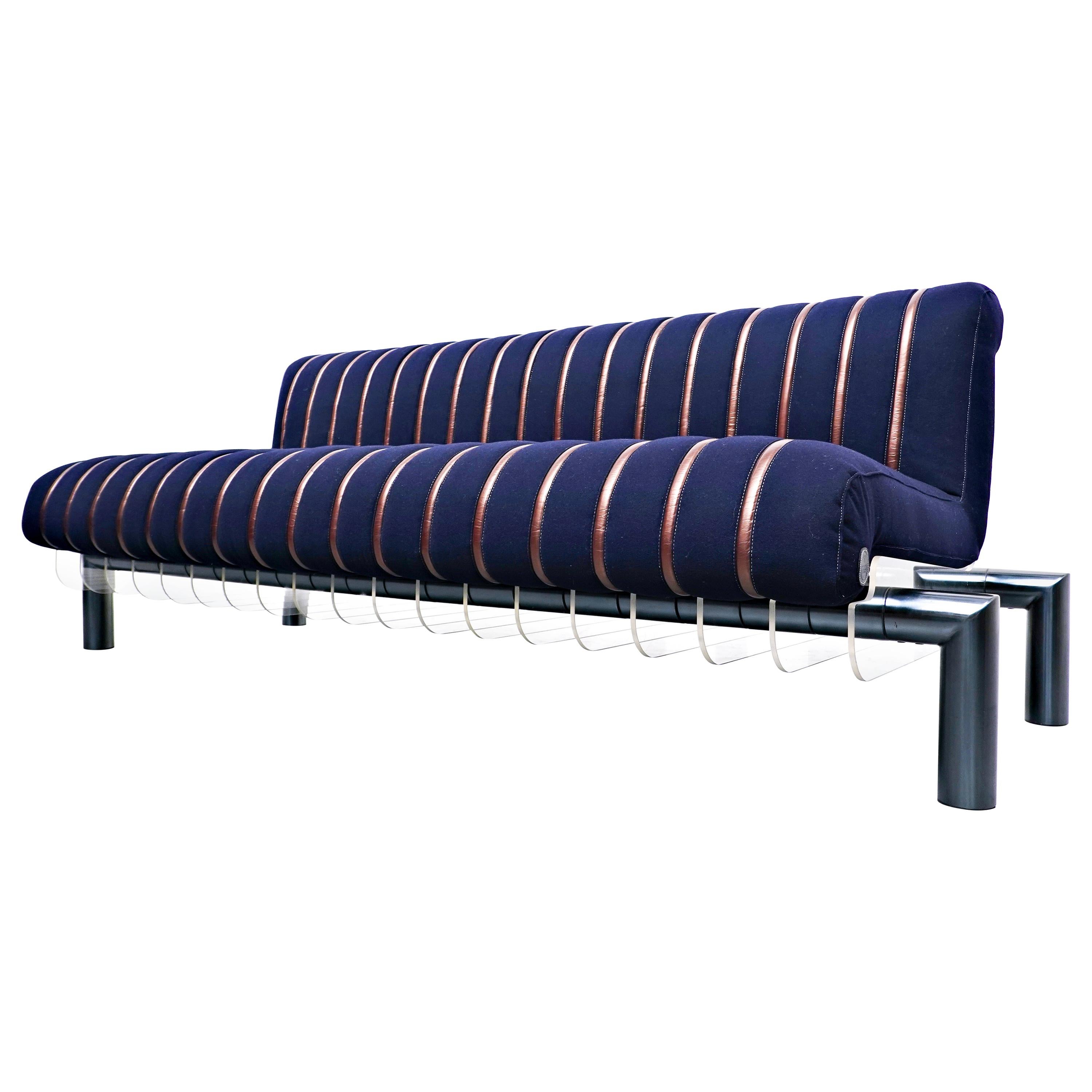 Mid-Century Modern Sofa by Nicola Trussardi Blue Fabric and Leather Italy, 1983