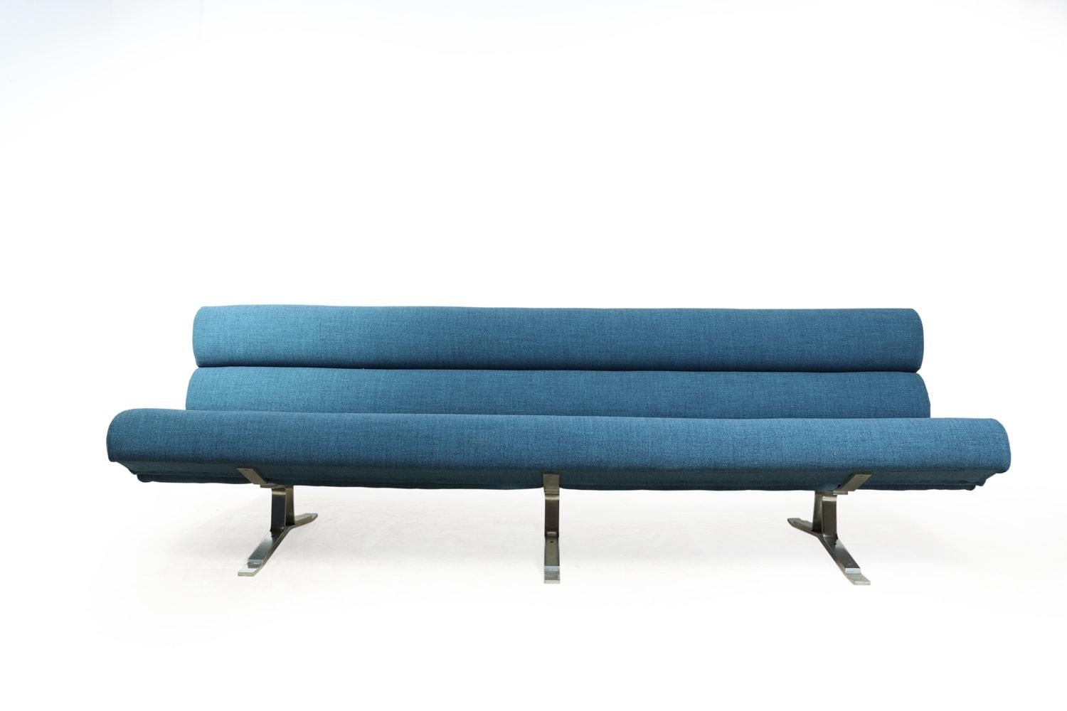 Midcentury sofa by William Plunkett
This original sofa was designed in 1967 by William Plunkett having Classic minimal simplicity the solid aluminum frames have been cleaned and the foam replaced and covered in royal blue wool by