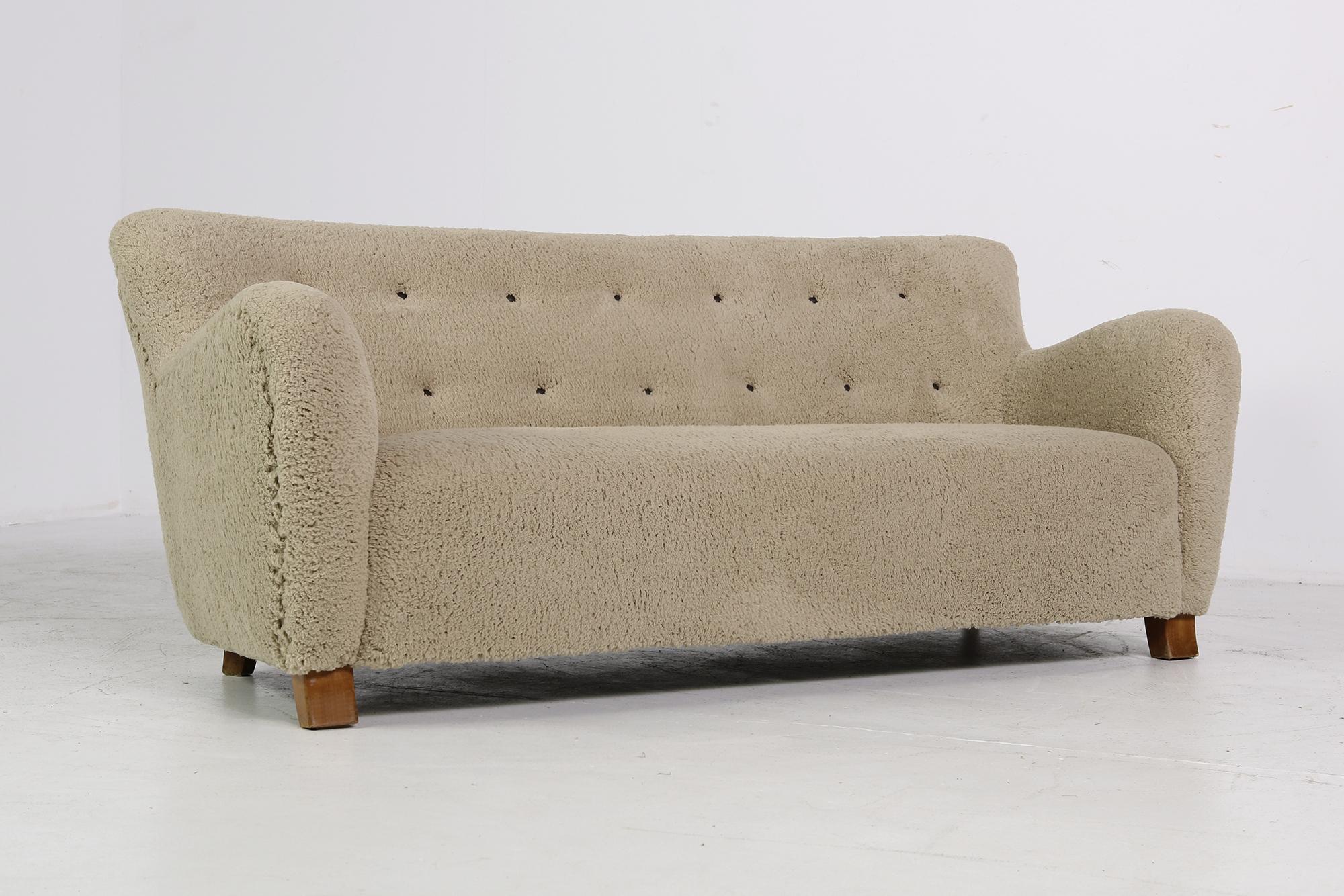 Mid-Century Modern Midcentury Sofa, Denmark 1950s, Teddy Fur & Tufted Leather, Mogens Lassen Style