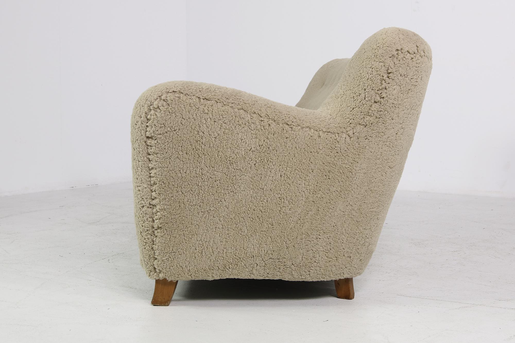 Danish Midcentury Sofa, Denmark 1950s, Teddy Fur & Tufted Leather, Mogens Lassen Style