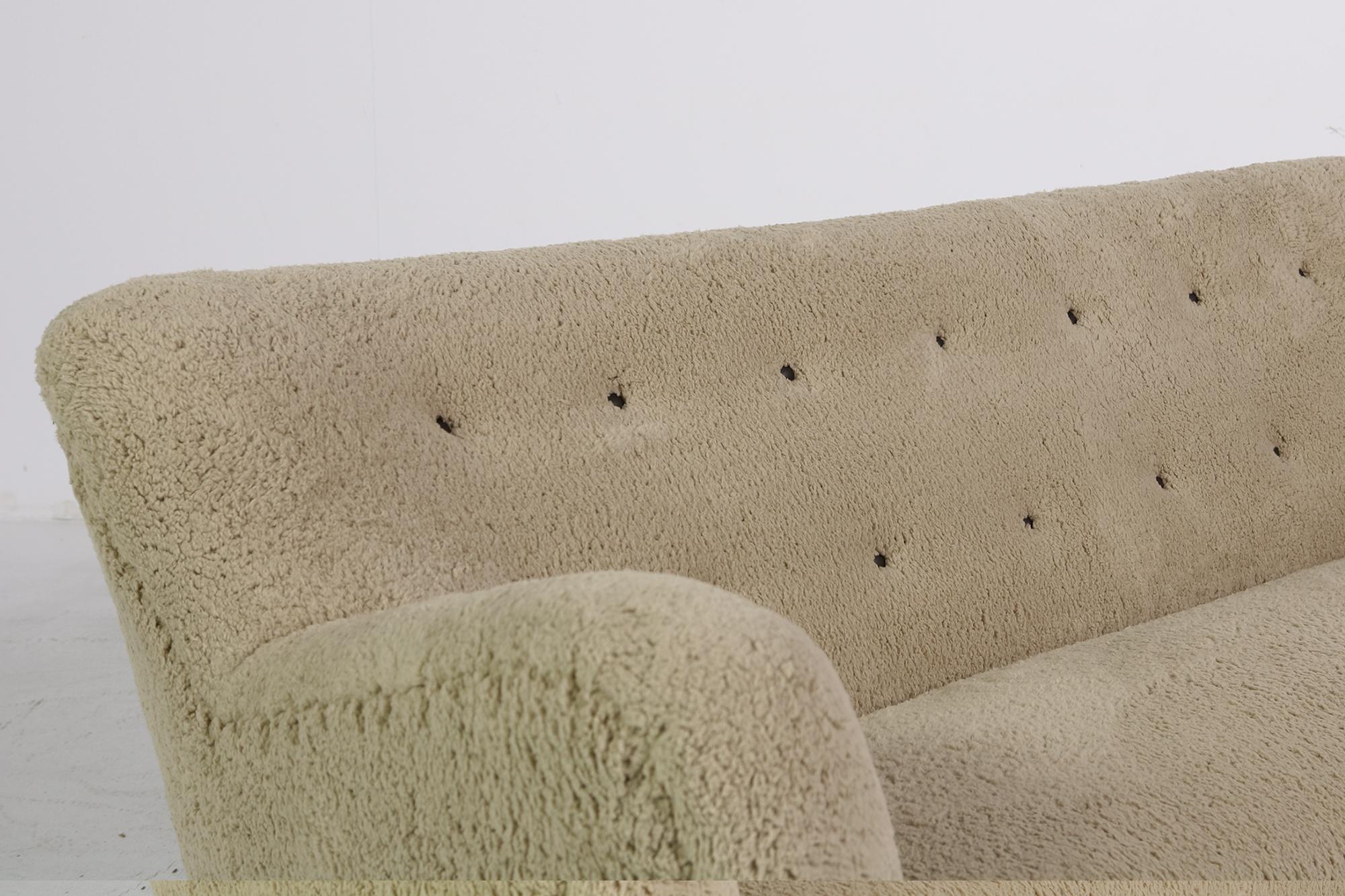 Mid-20th Century Midcentury Sofa, Denmark 1950s, Teddy Fur & Tufted Leather, Mogens Lassen Style