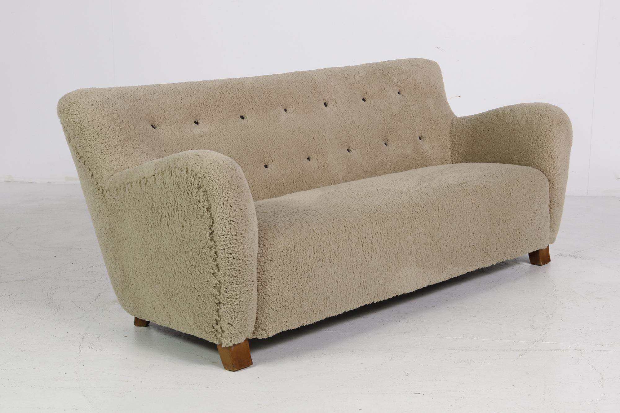Midcentury Sofa, Denmark 1950s, Teddy Fur & Tufted Leather, Mogens Lassen Style 1