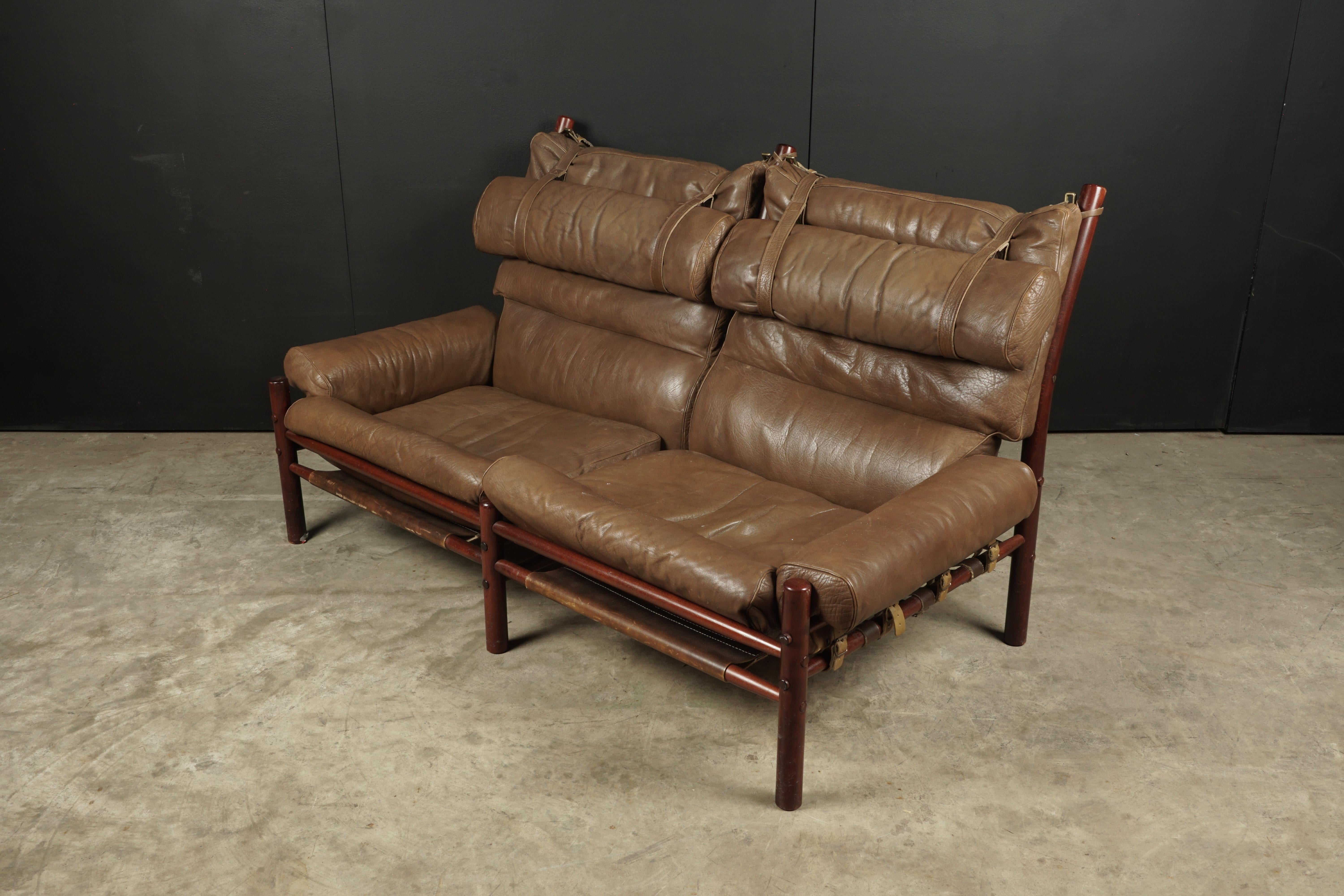 Midcentury sofa designed by Arne Norell, model Inca, circa 1970. Original thick brown leather with patina on a solid birch frame. Manufactured by Arne Norell AB, Aneby Sweden.