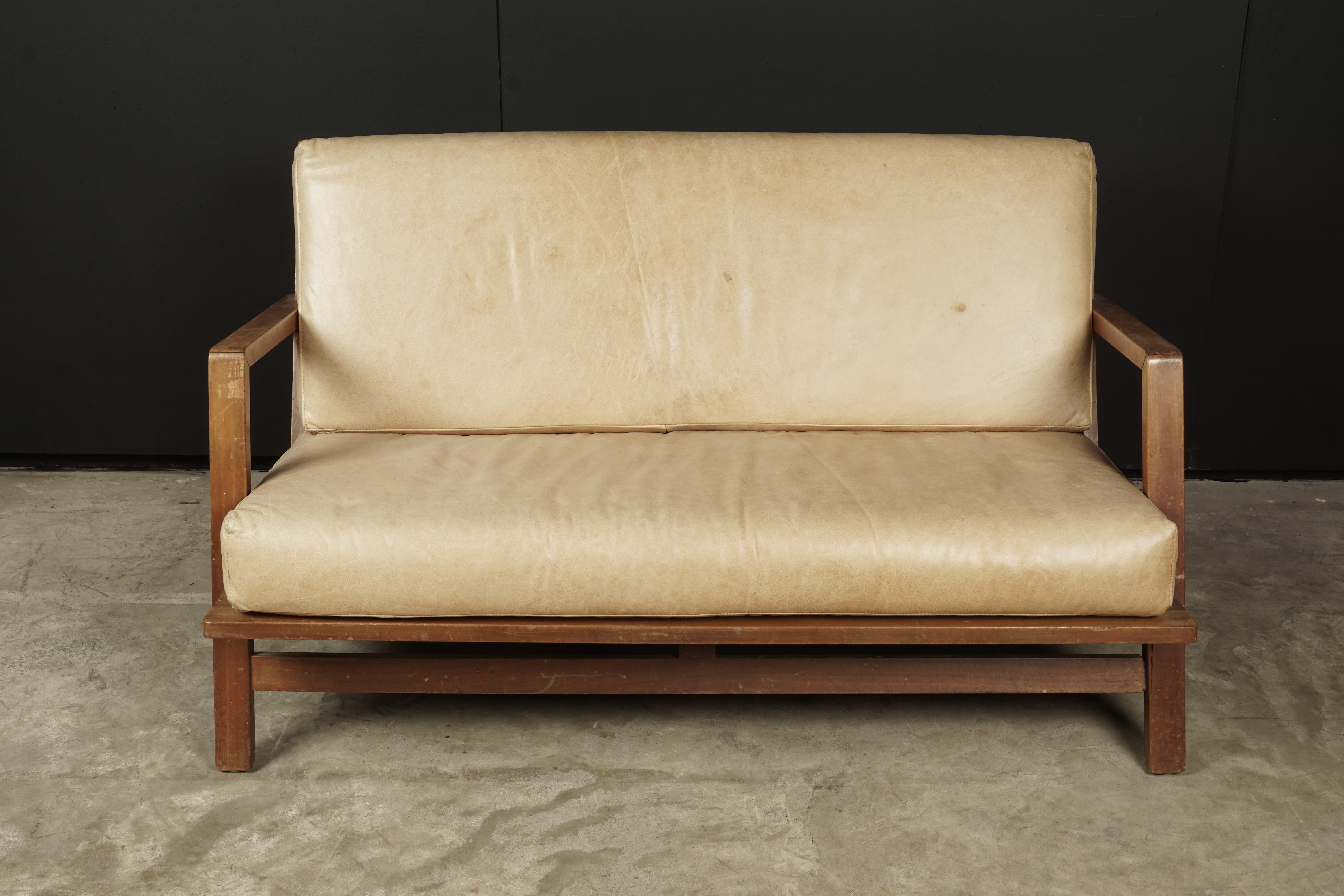 Vintage midcentury Bas Van Pelt sofa from Holland, circa 1960. Later light tan leather upholstery. Label underneath.