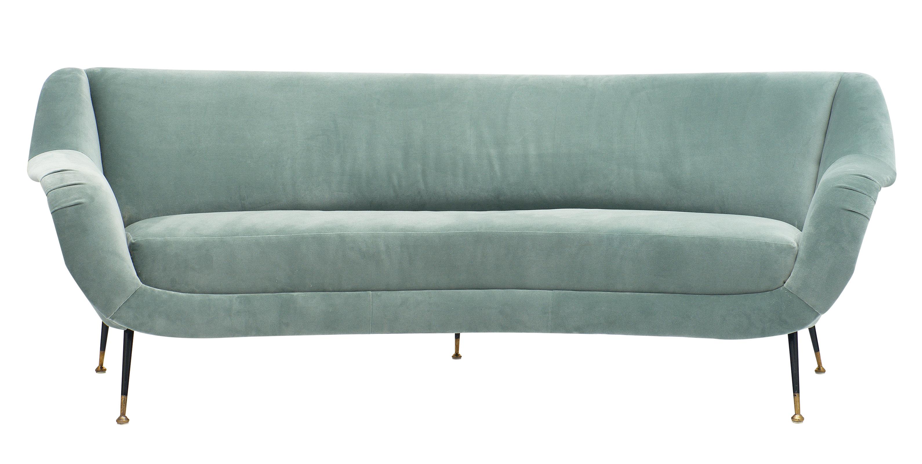 Midcentury sofa in the style of Carlo di Carli with newly upholstered aqua velvet-cotton blend upholstery. We love the lacquered legs and brass feet. The curved form is comfortable and striking!