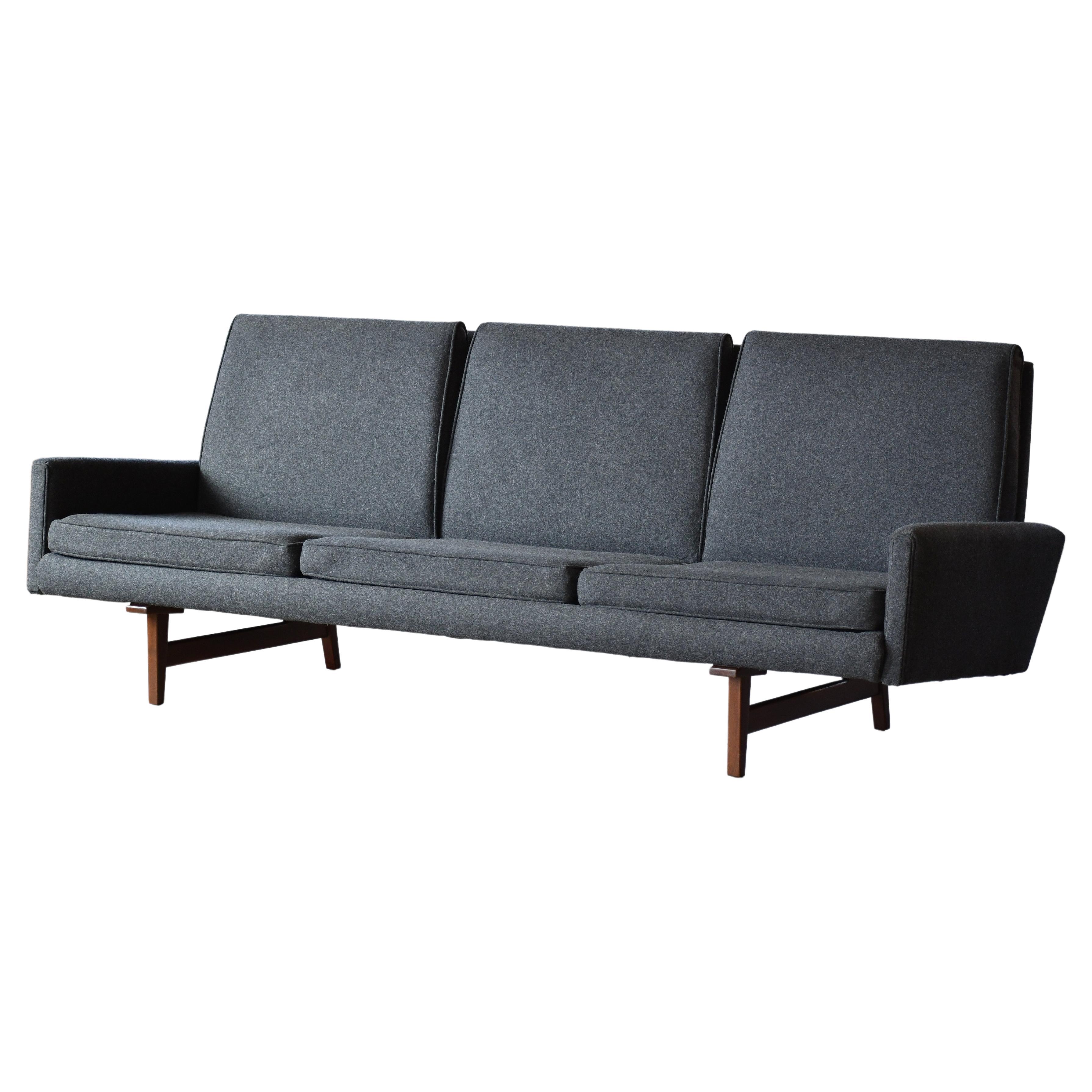 Mid-Century Sofa in Walnut by Jens Risom Newly Reupholstered in Charcoal Wool For Sale