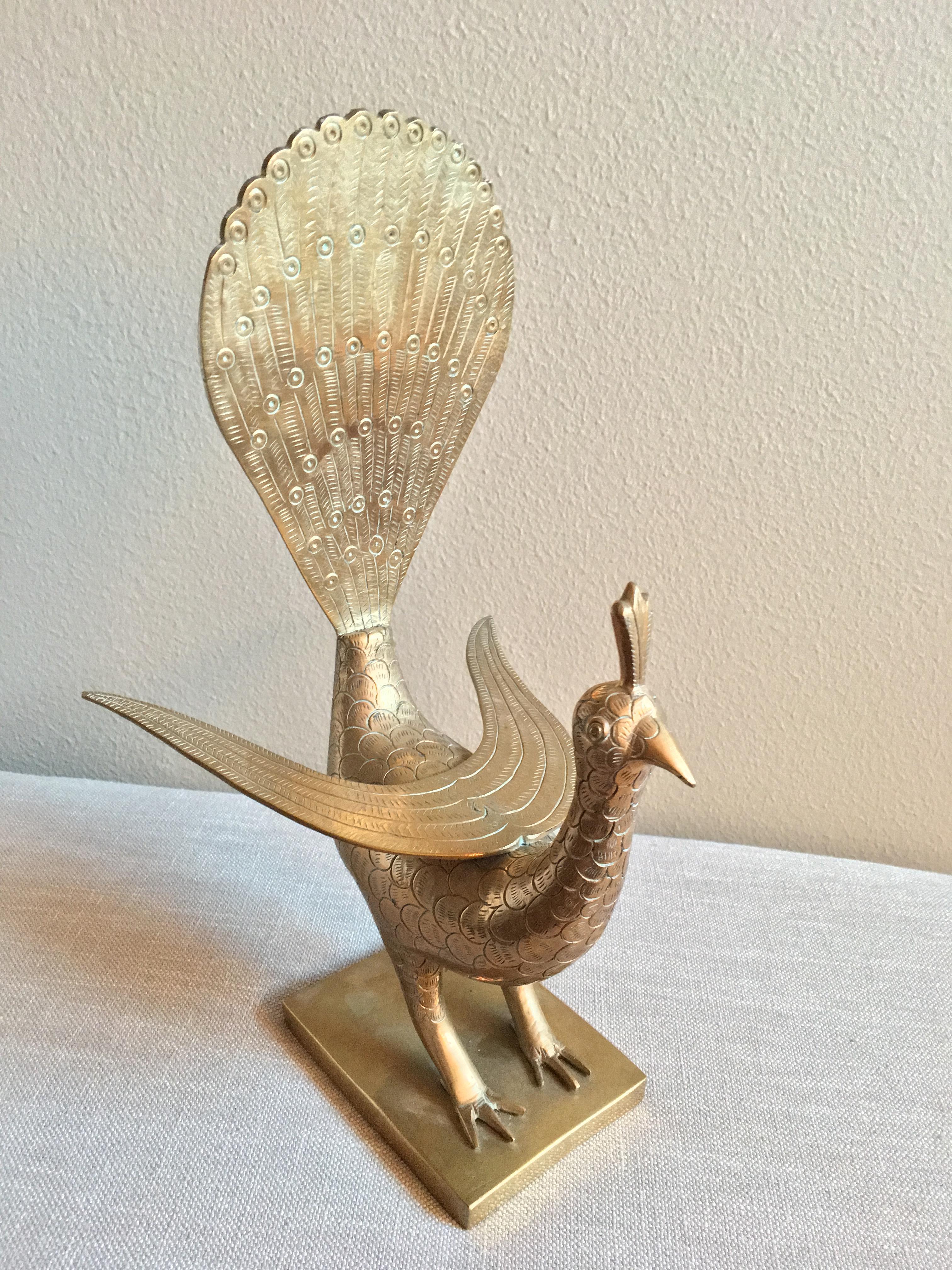 Hollywood Regency Mid-Century Sold Brass Peacock