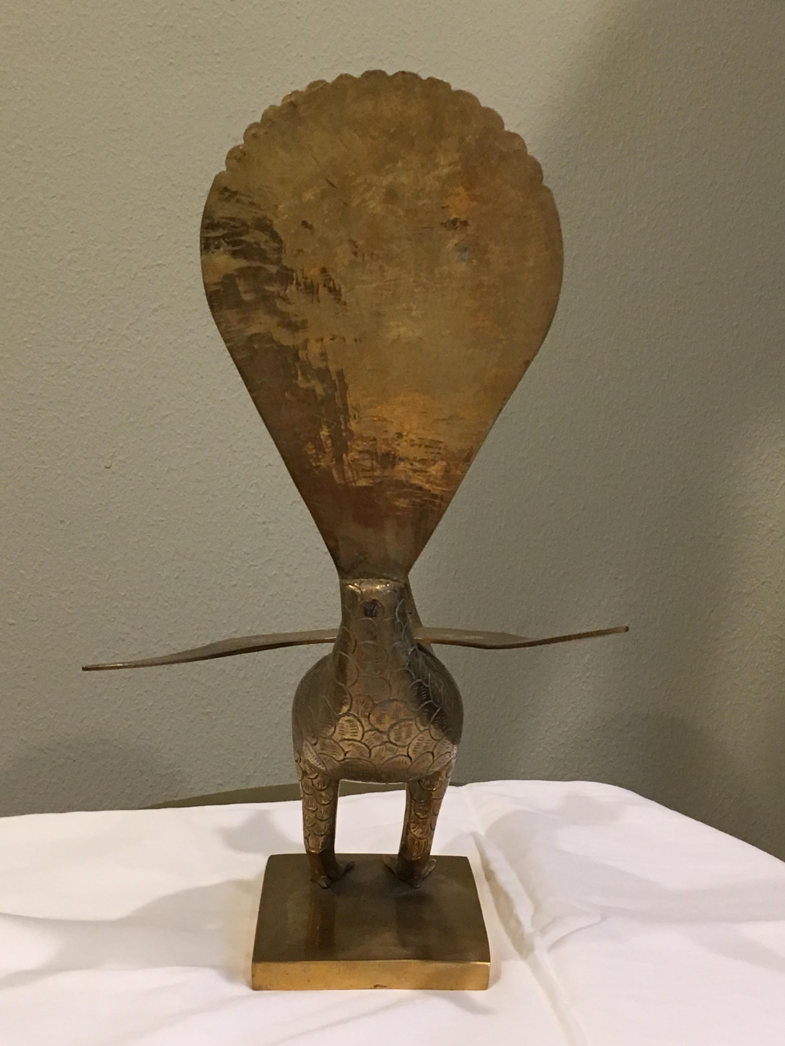 Mid-Century Sold Brass Peacock In Excellent Condition In Austin, TX
