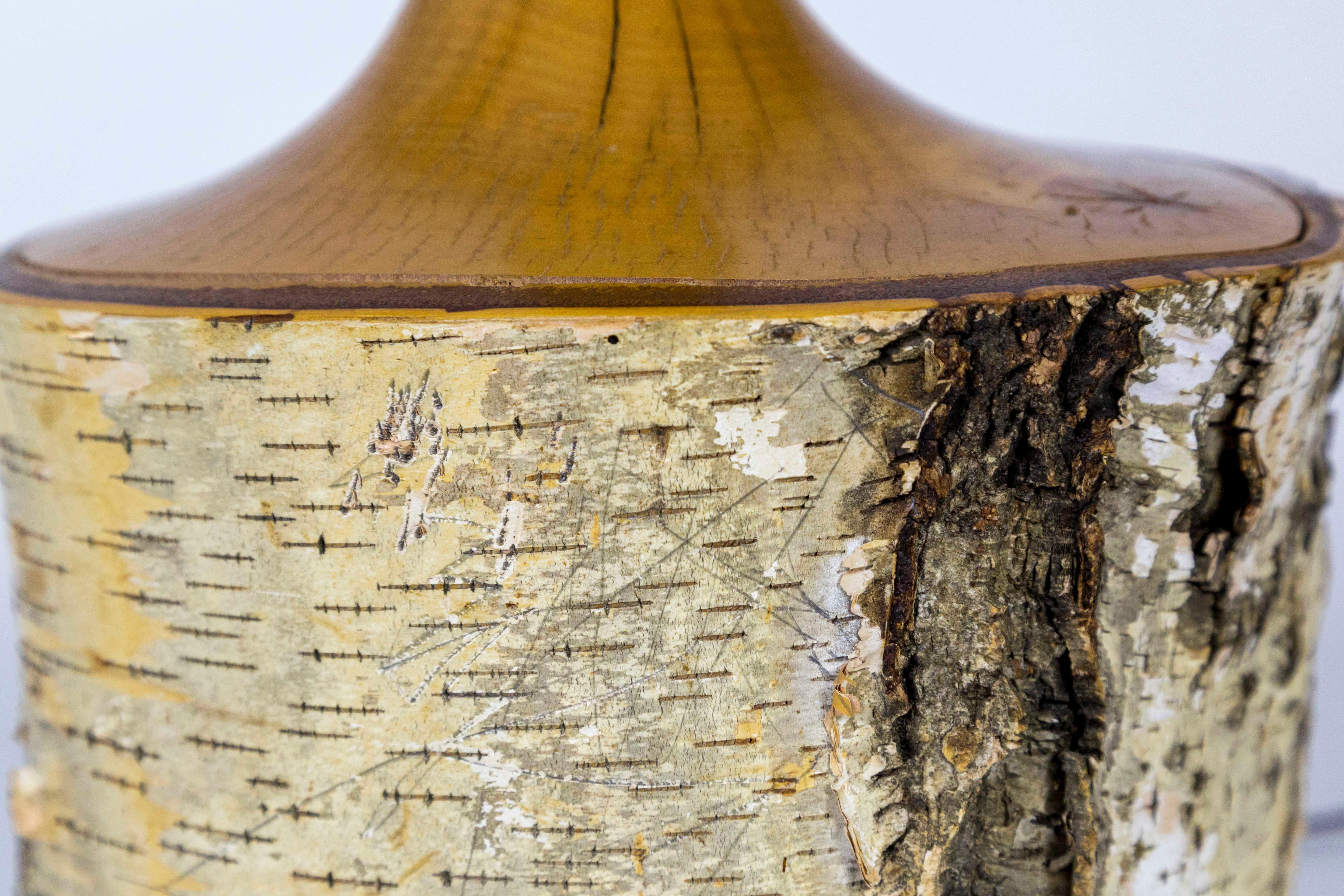 Mid-Century Modern Midcentury Solid Birch Tree Bark Table Lamp with Finial