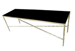 Midcentury Solid Brass Faux Bamboo and Vintage Black Opaque Glass Coffee Table