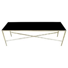 Midcentury Solid Brass Faux Bamboo and Vintage Black Opaque Glass Coffee Table