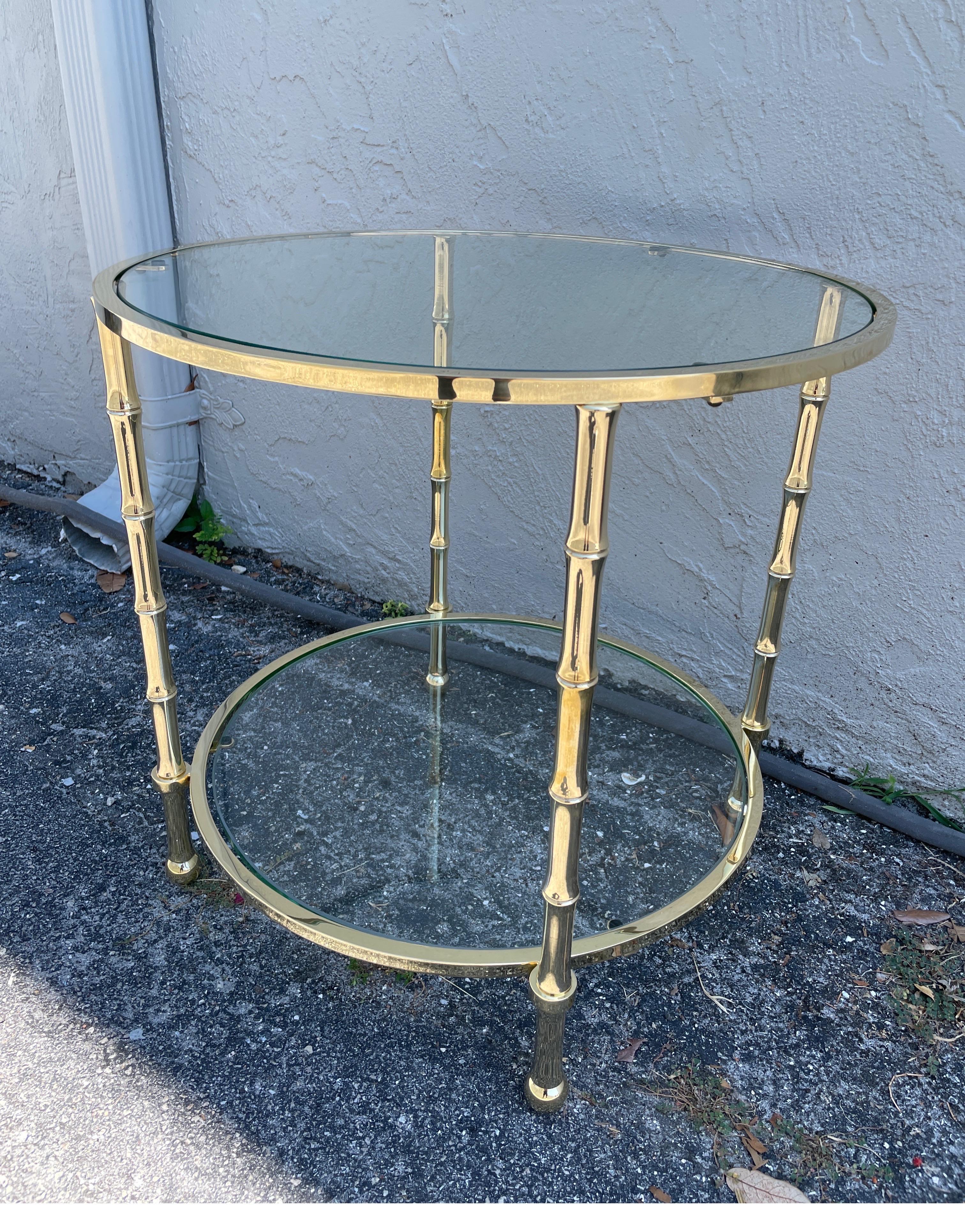 Italian Mid Century Solid Brass Faux Bamboo Two Tier Side Table