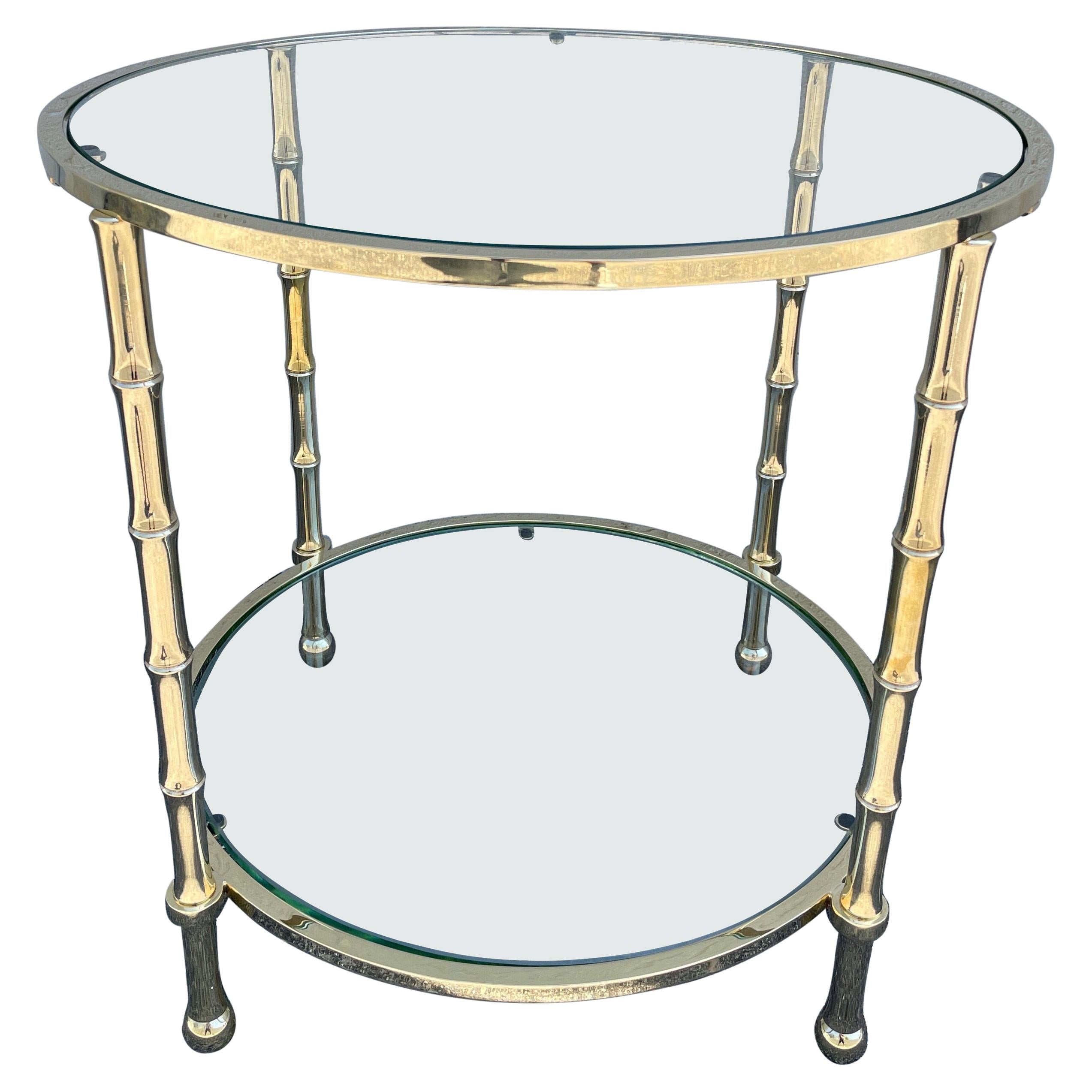 Mid Century Solid Brass Faux Bamboo Two Tier Side Table