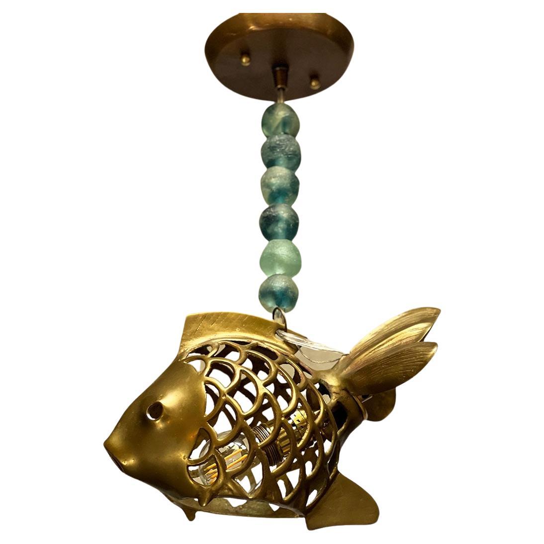 Mid-Century, Solid Brass Fish Pendant Light For Sale