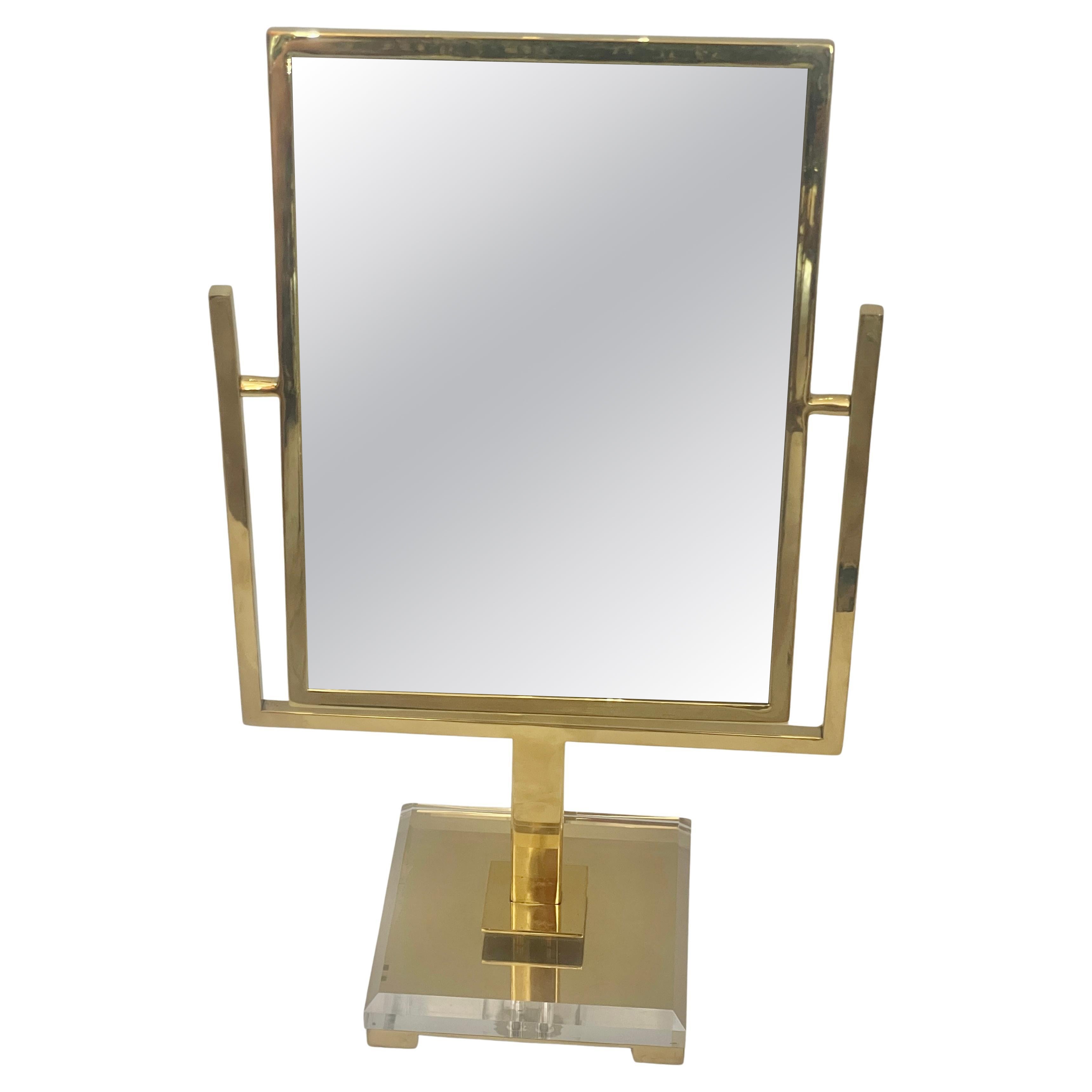 Mid-Century Solid Brass & Lucite Vanity Table Mirror, Italy, 1970s