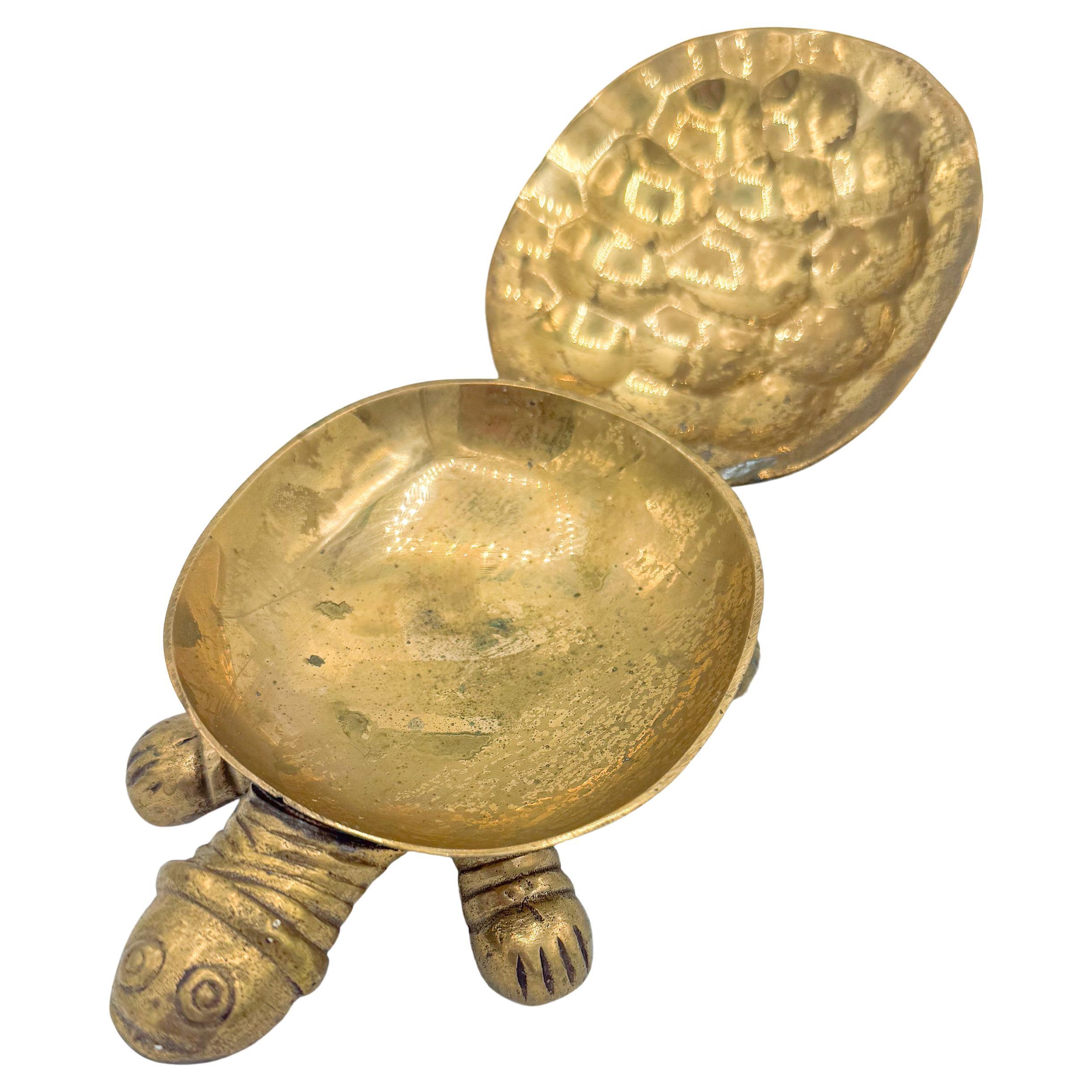 Mid Century Solid Brass Turtle Ashtray Flip Top Trinket Box 1970