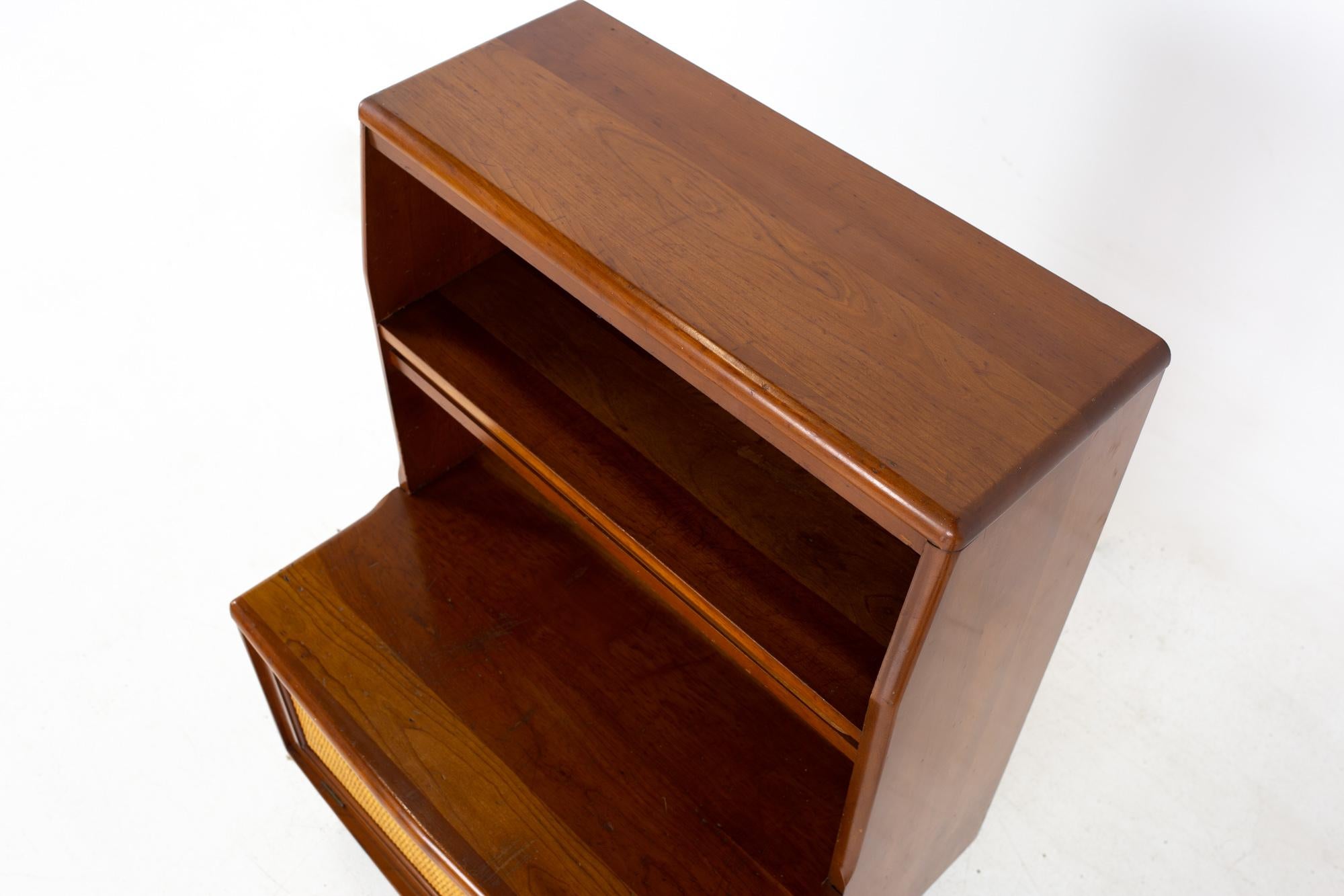 Mid Century Solid Cherry and Cane Extendable Shelf Nightstands, a Pair 4