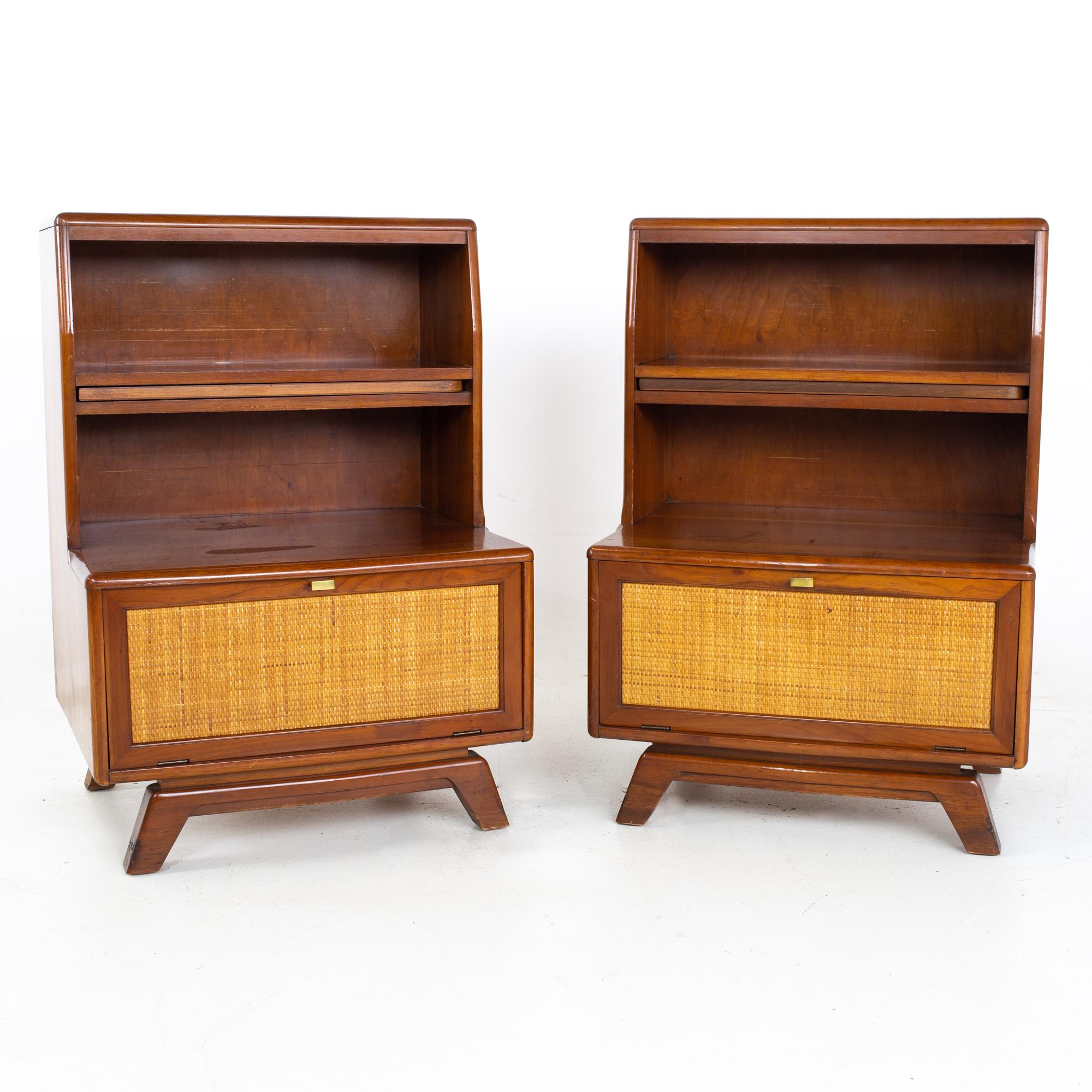 Mid century solid cherry and cane extendable shelf nightstands - a pair
Each nightstand measures: 24 wide x 18.5 deep x 34.5 inches high

All pieces of furniture can be had in what we call restored vintage condition. That means the piece is