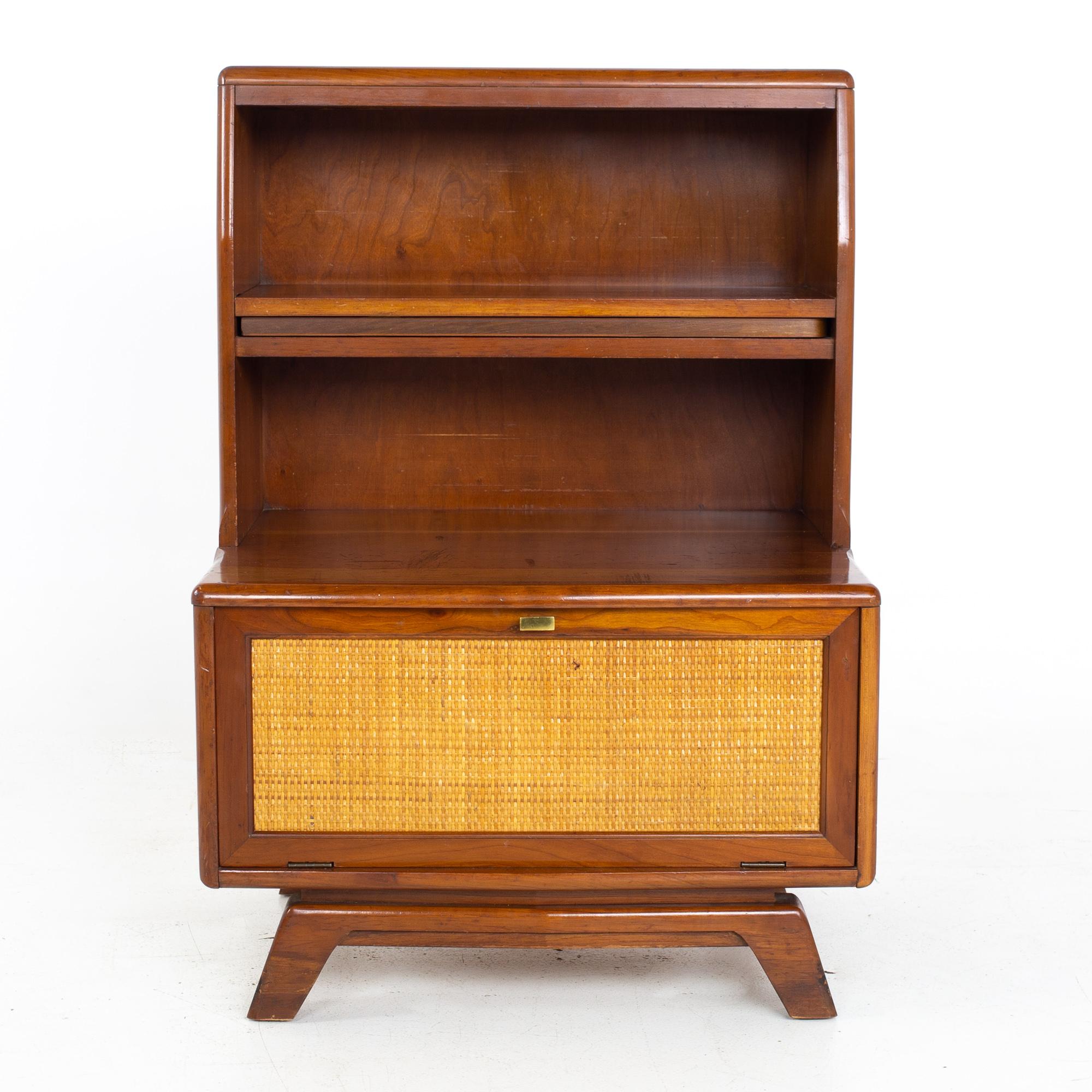Mid-Century Modern Mid Century Solid Cherry and Cane Extendable Shelf Nightstands, a Pair