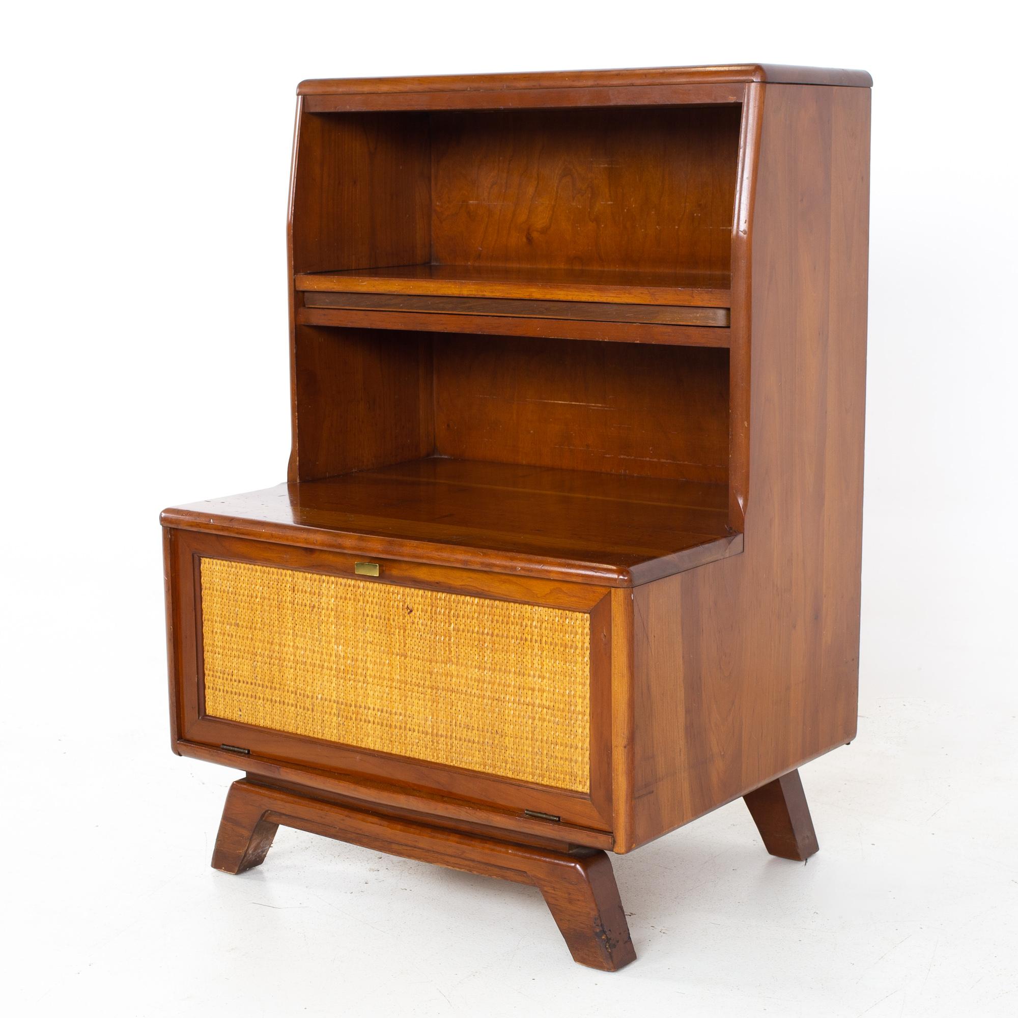American Mid Century Solid Cherry and Cane Extendable Shelf Nightstands, a Pair