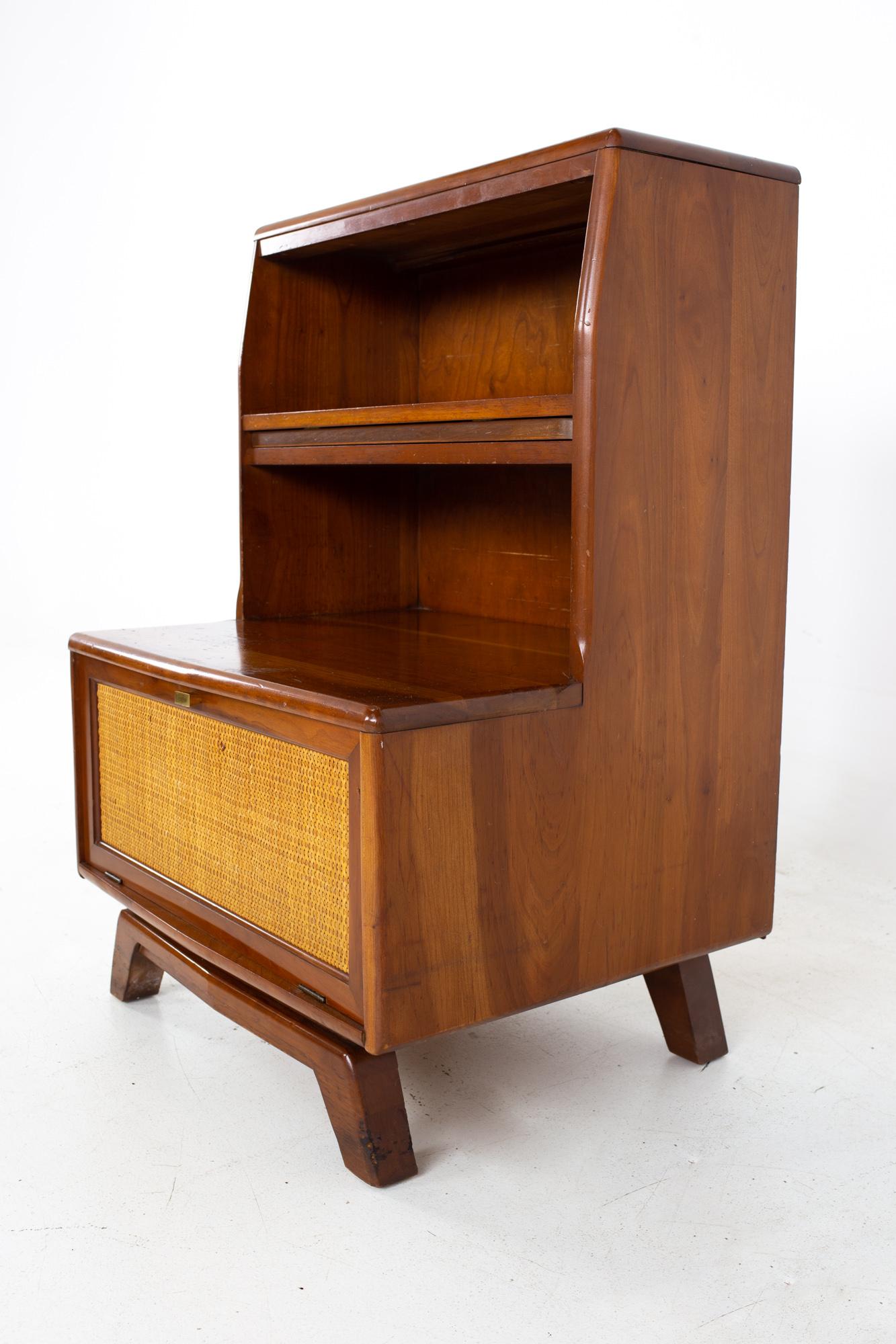 Late 20th Century Mid Century Solid Cherry and Cane Extendable Shelf Nightstands, a Pair