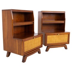 Mid Century Solid Cherry and Cane Extendable Shelf Nightstands, a Pair