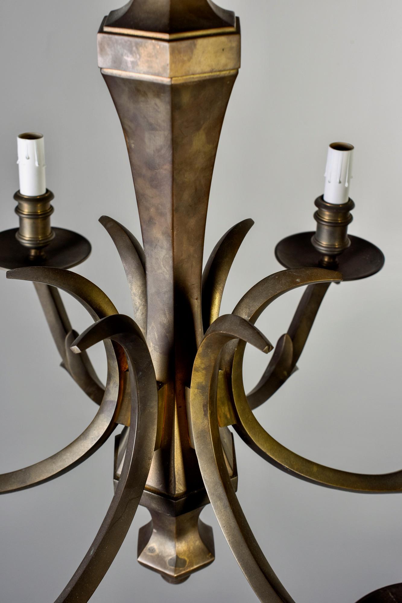 Midcentury Solid Dark Brass Six-Light Chandelier In Good Condition In Troy, MI