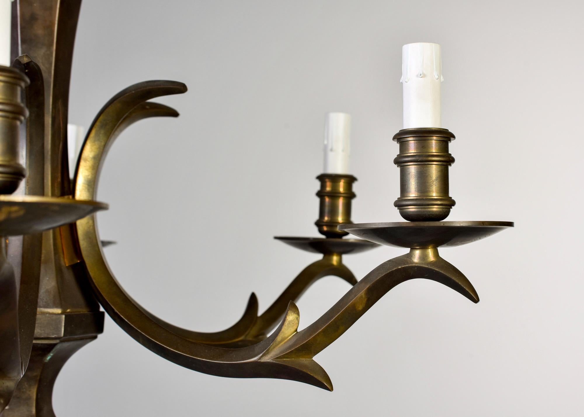 Midcentury Solid Dark Brass Six-Light Chandelier 1