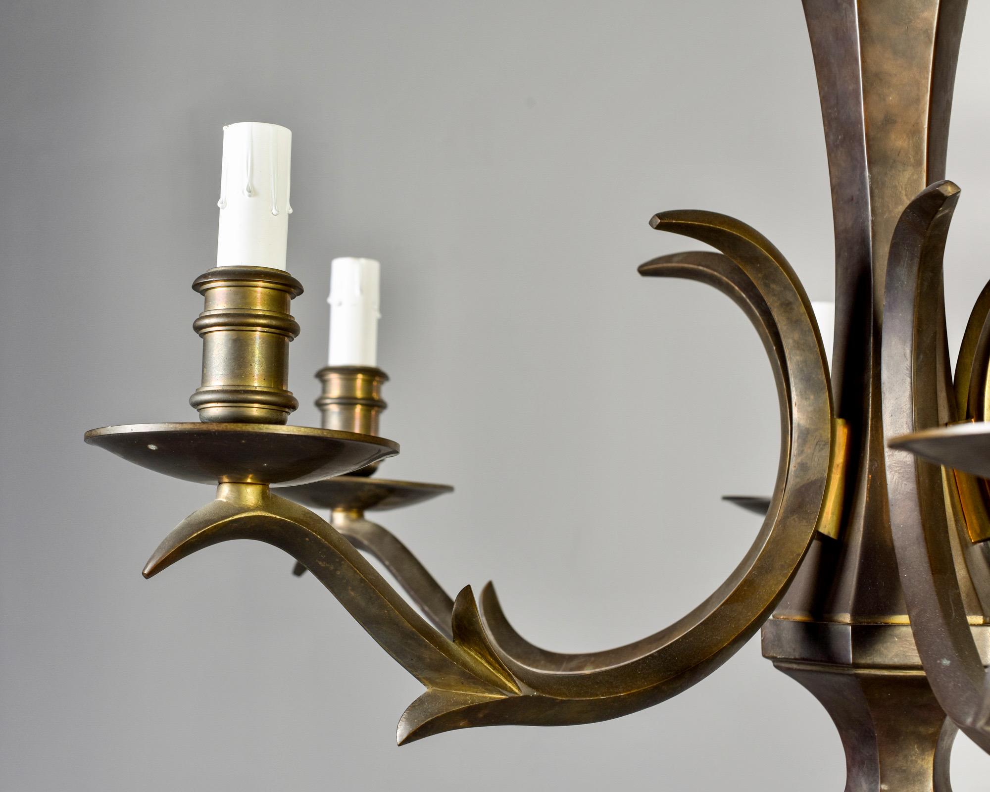 Midcentury Solid Dark Brass Six-Light Chandelier 2