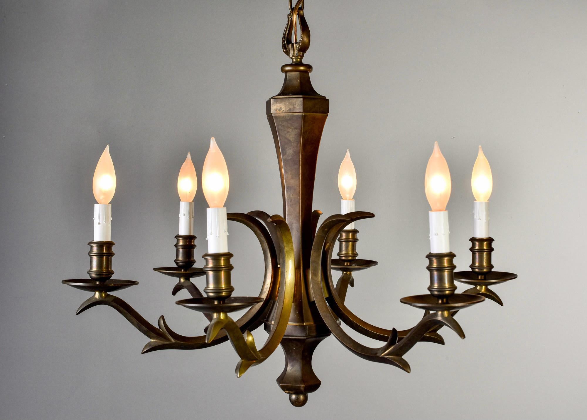 Midcentury Solid Dark Brass Six-Light Chandelier 4