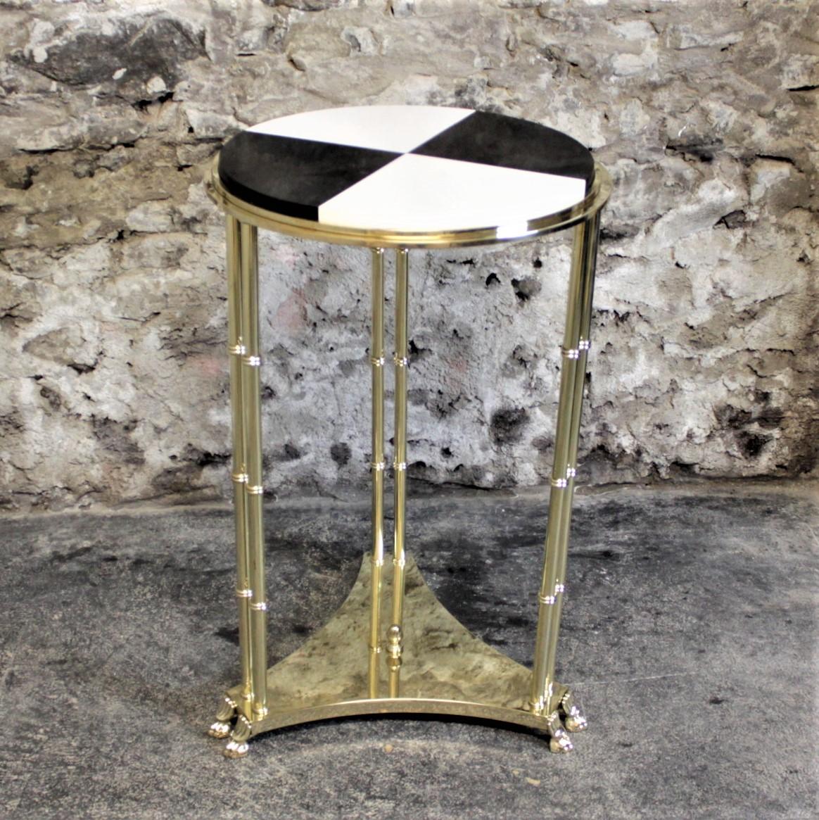 Empire Revival Midcentury Solid Heavy Brass Pedestal Side Table with Custom Marble Insert Top For Sale