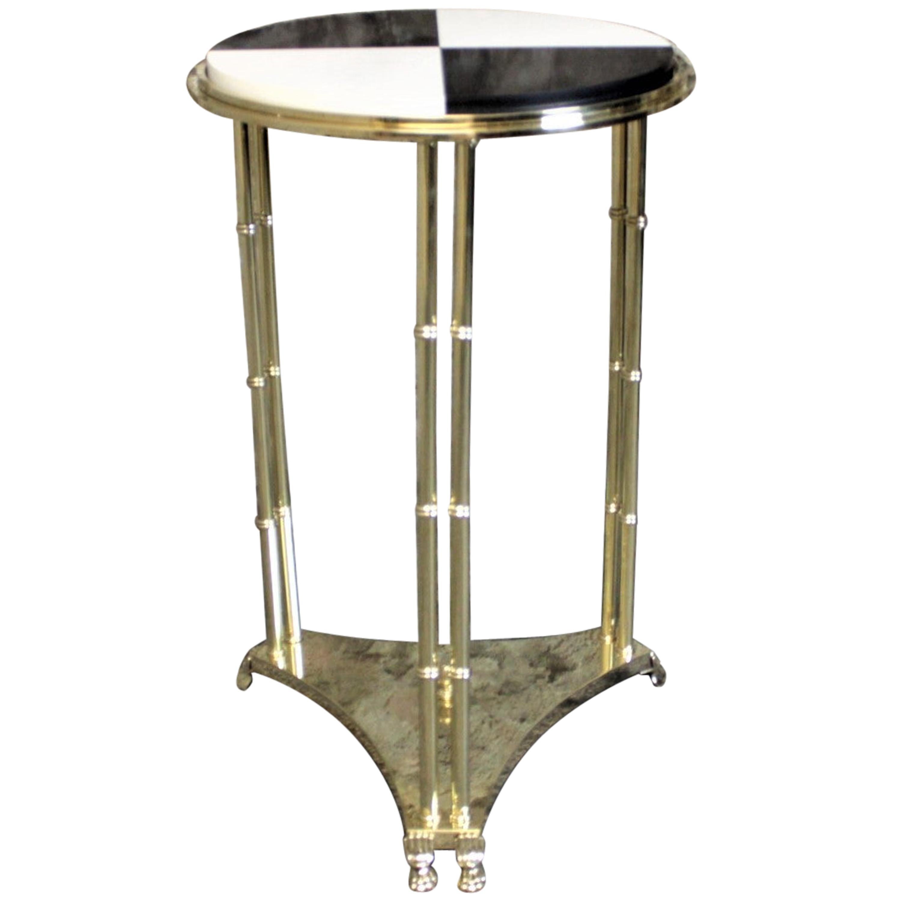 Midcentury Solid Heavy Brass Pedestal Side Table with Custom Marble Insert Top For Sale