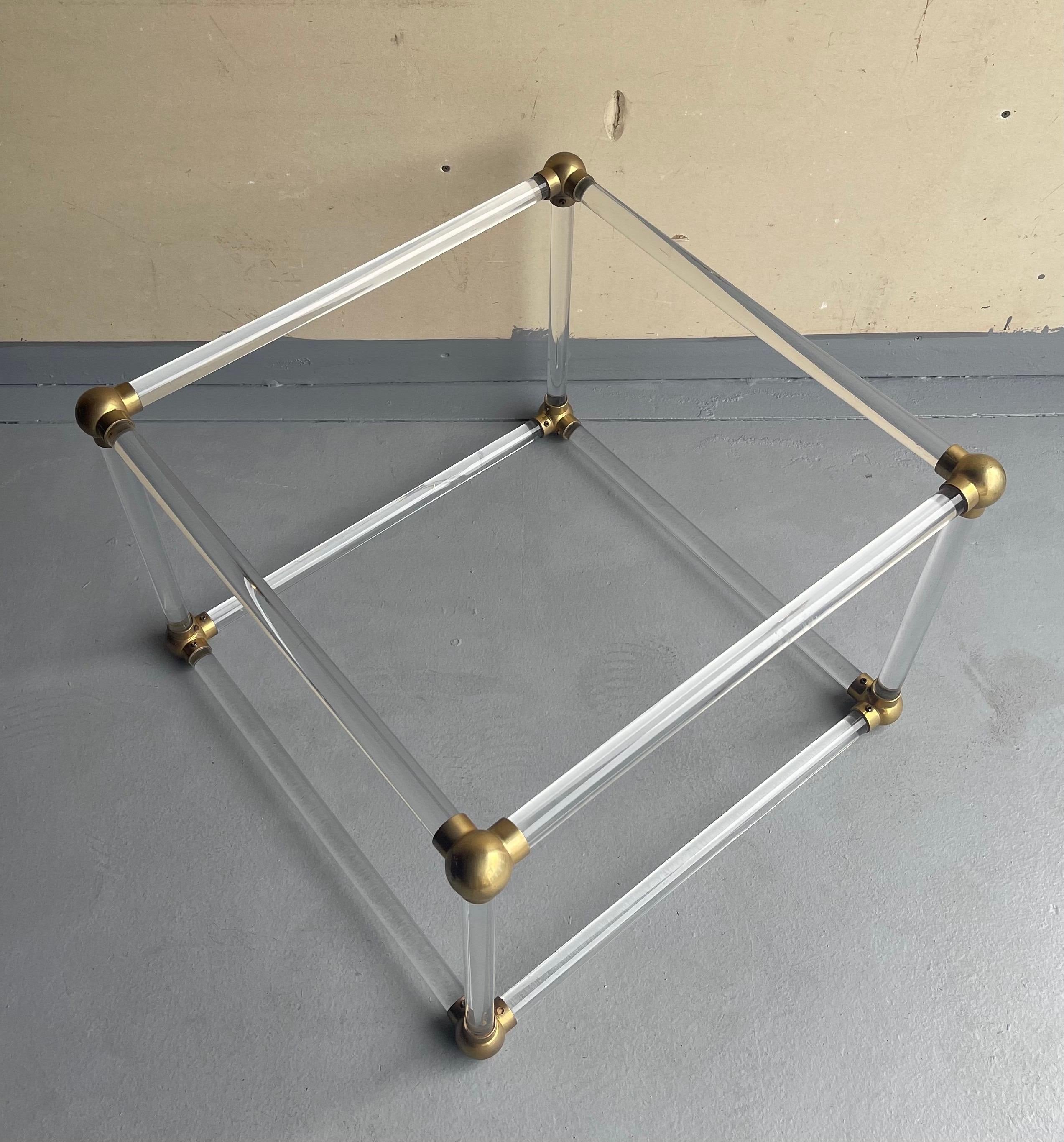 Mid-Century Modern Mid-Century Solid Lucite Cube with Brass Connectors Coffee Table Base For Sale
