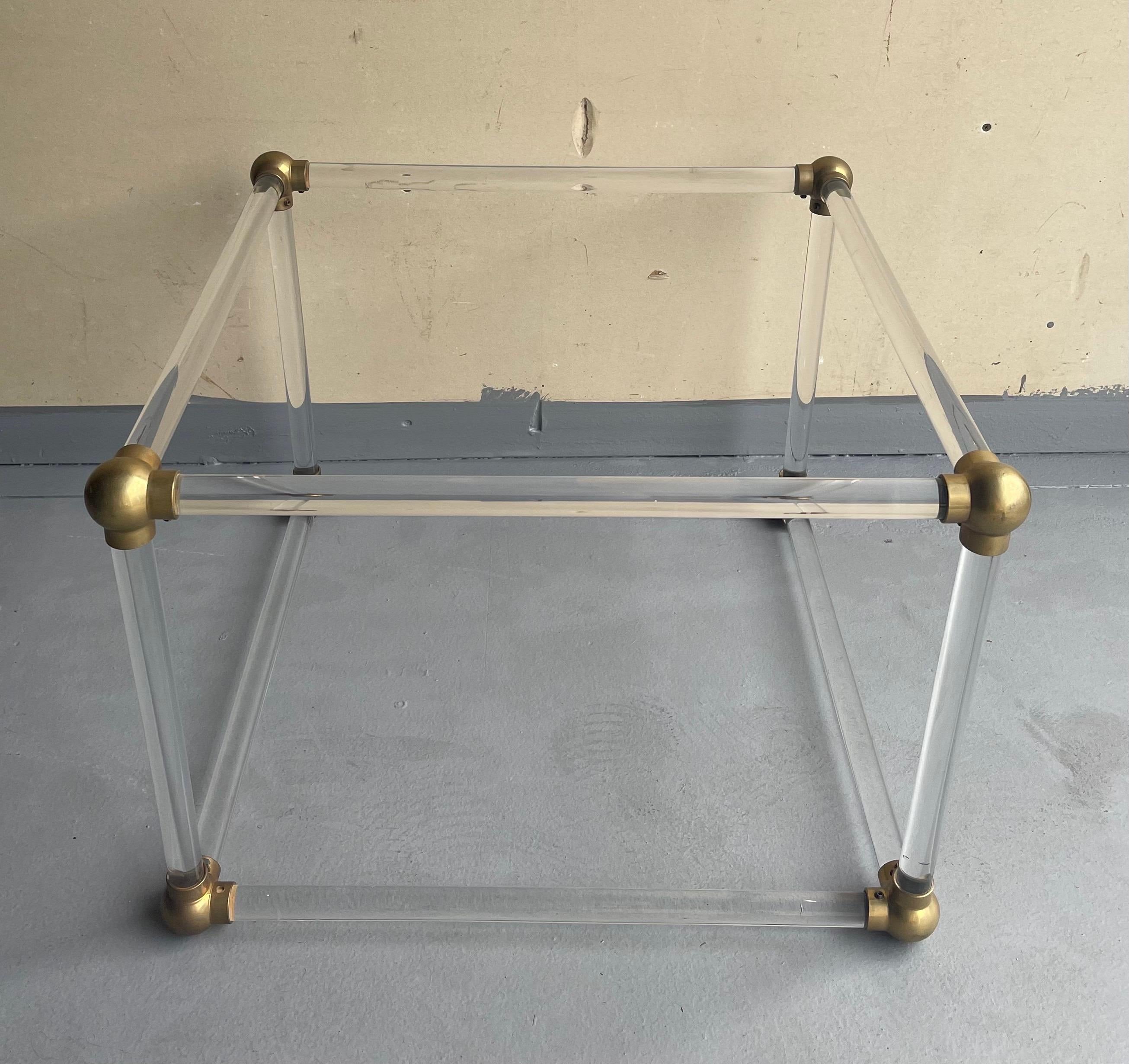 American Mid-Century Solid Lucite Cube with Brass Connectors Coffee Table Base For Sale