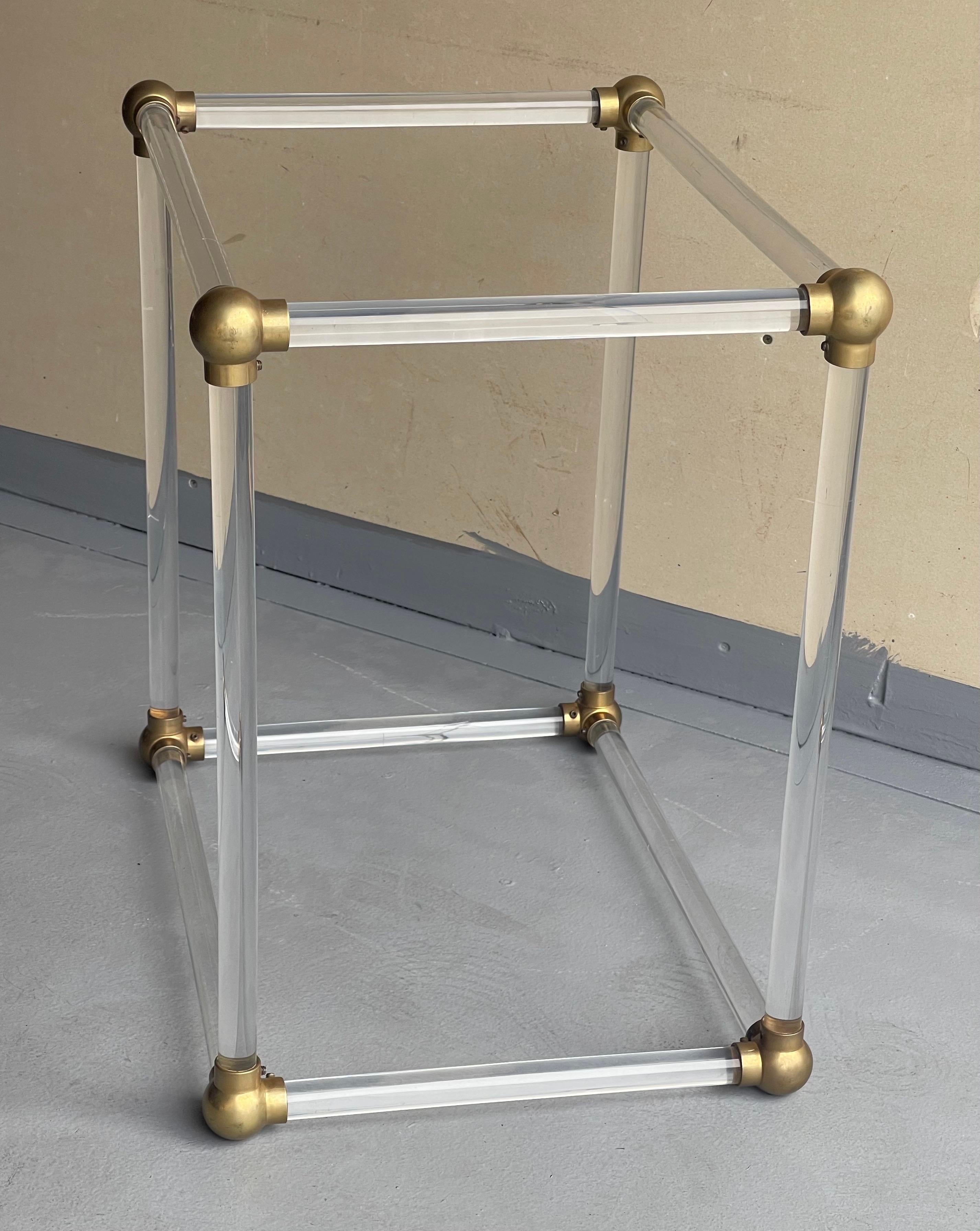 20th Century Mid-Century Solid Lucite Cube with Brass Connectors Coffee Table Base For Sale