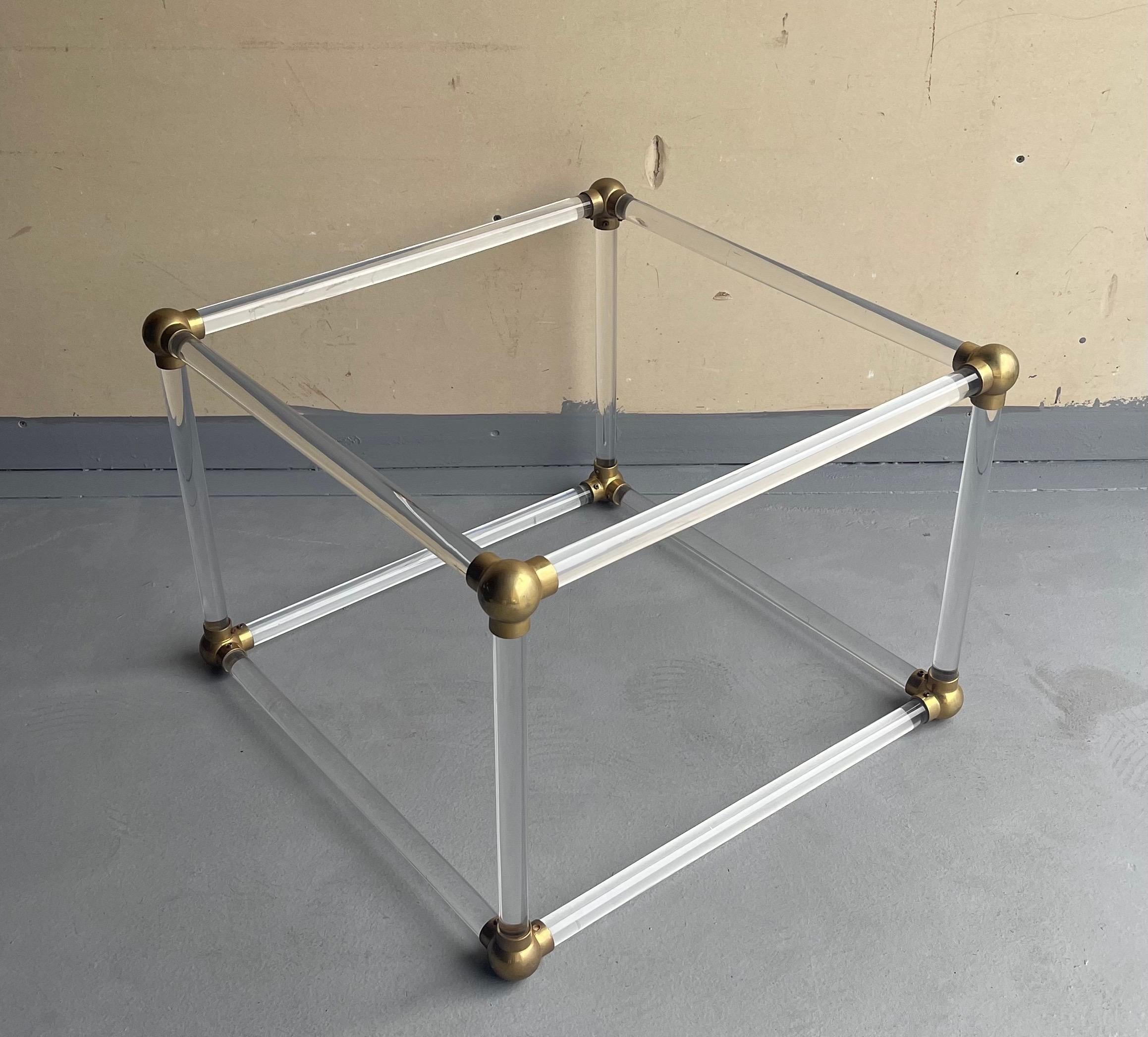 Mid-Century Solid Lucite Cube with Brass Connectors Coffee Table Base For Sale 2