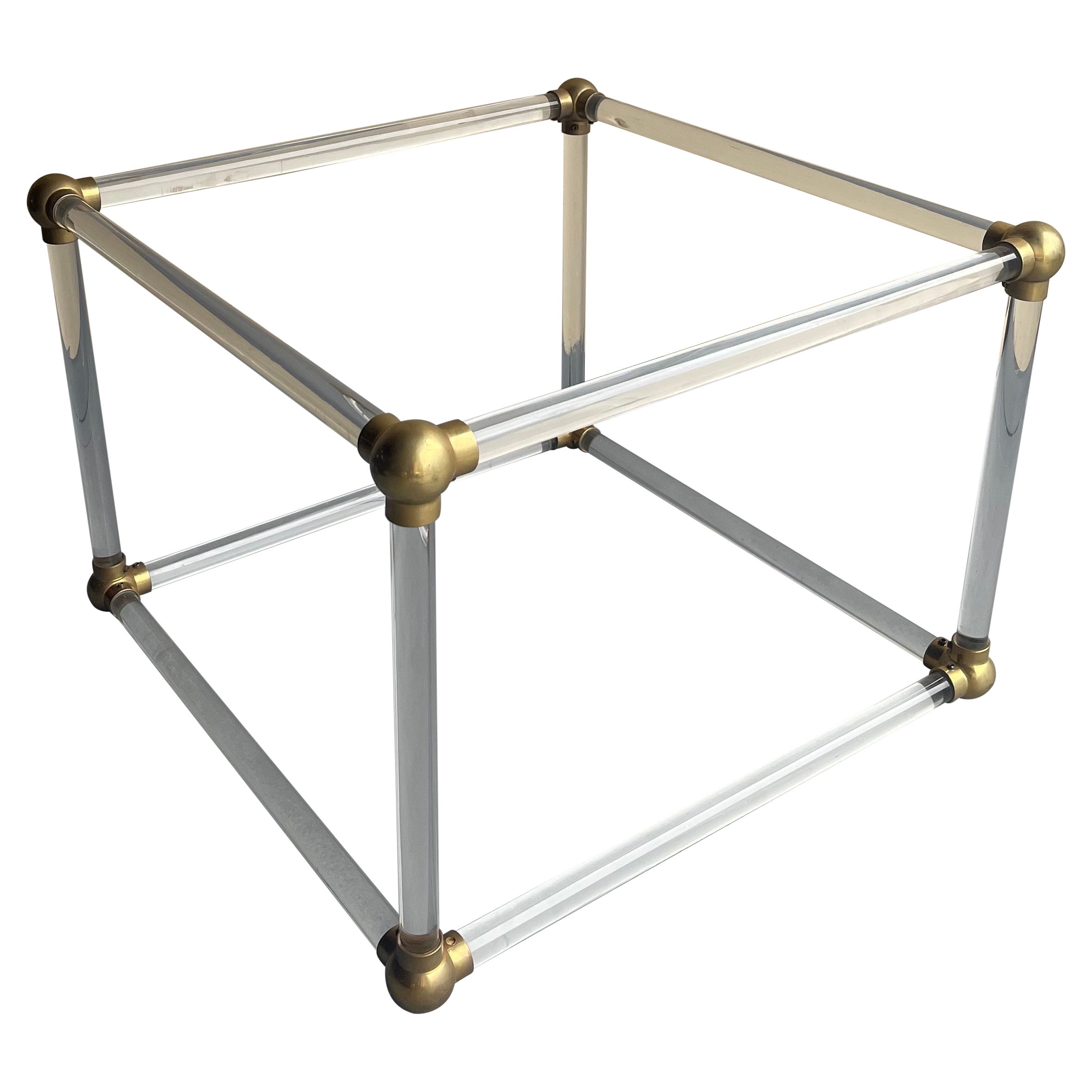 Mid-Century Solid Lucite Cube with Brass Connectors Coffee Table Base