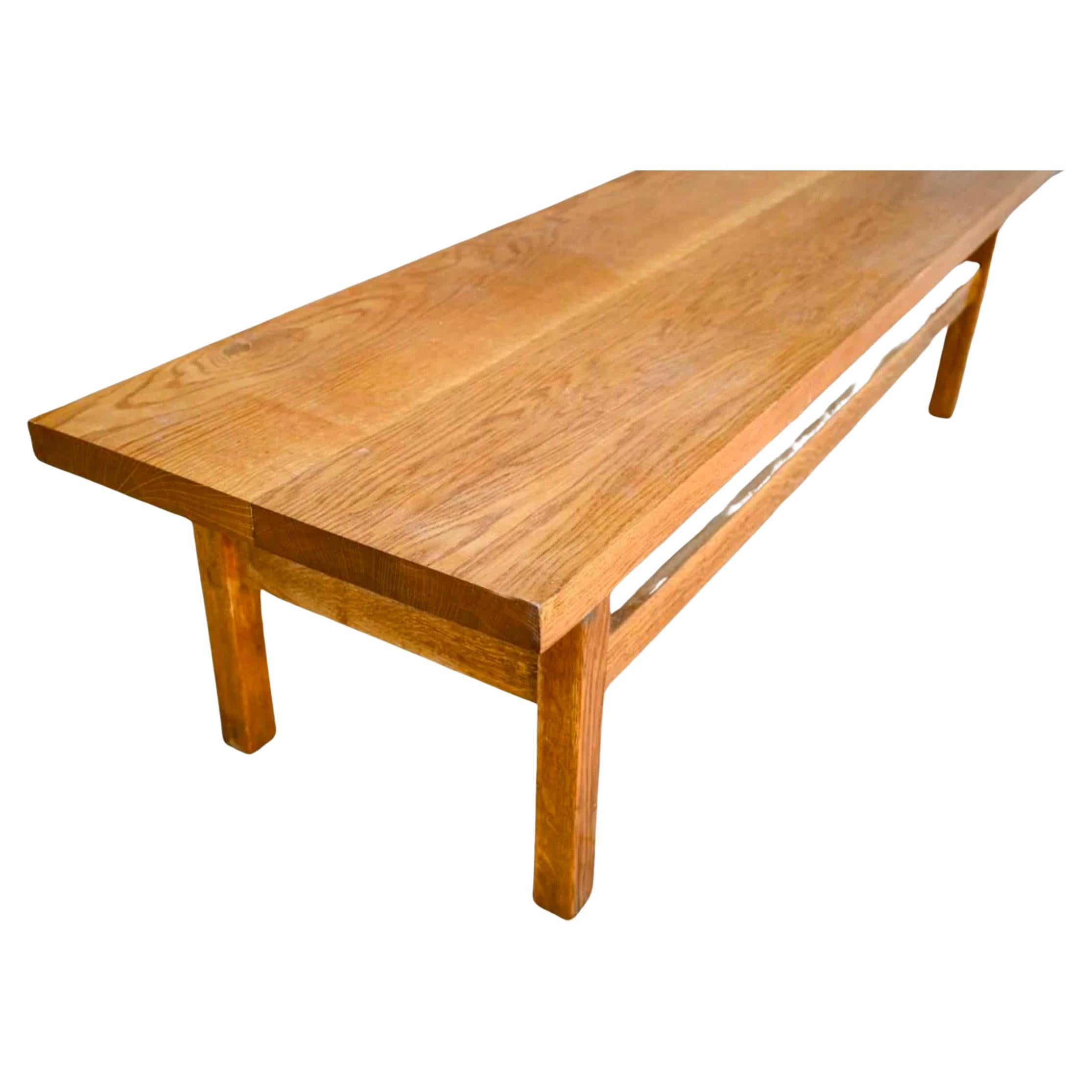 Beautiful mid century solid oak 10' long bench. beautiful Oak. Mid century American Studio craft. All solid Oak. Very minimalist design. Very heavy and solid bench. No signatures or marks. Circa 1960 located in Brooklyn NYC

118