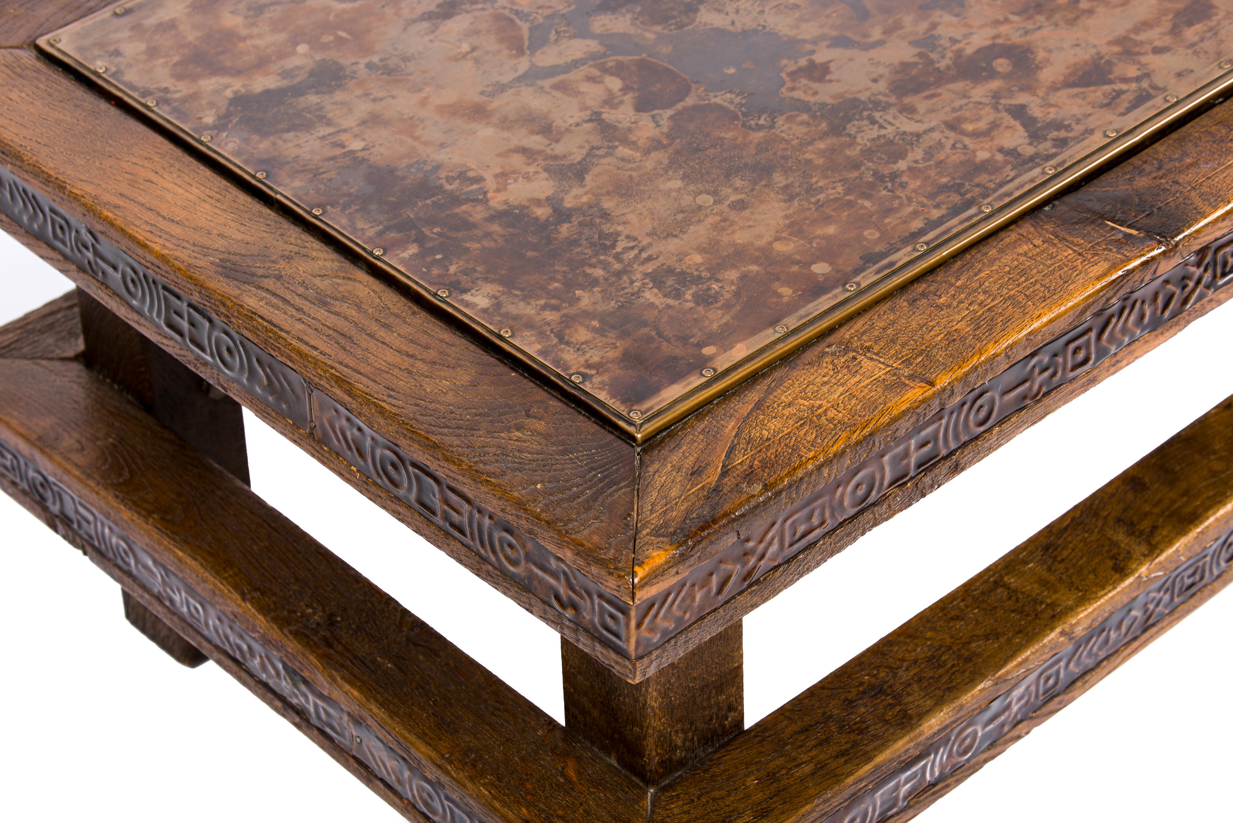 Midcentury Solid Oak Brutalist Dutch Coffee Table with Copper Top and Inlay For Sale 7