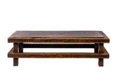 Table basse néerlandaise brutaliste du milieu du siècle en chêne massif avec plateau en cuivre et incrustation