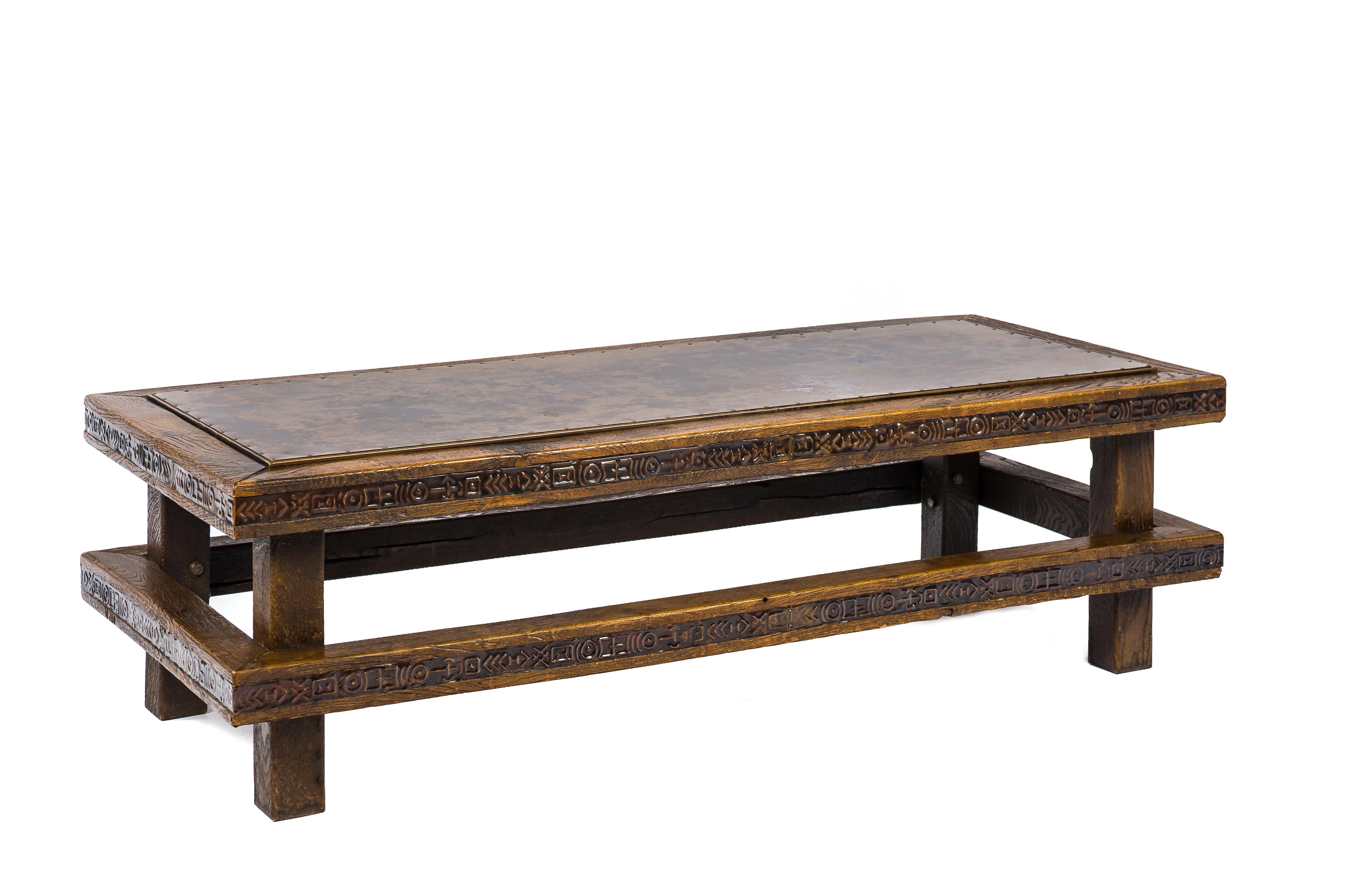 Hammered Midcentury Solid Oak Brutalist Dutch Coffee Table with Copper Top and Inlay For Sale