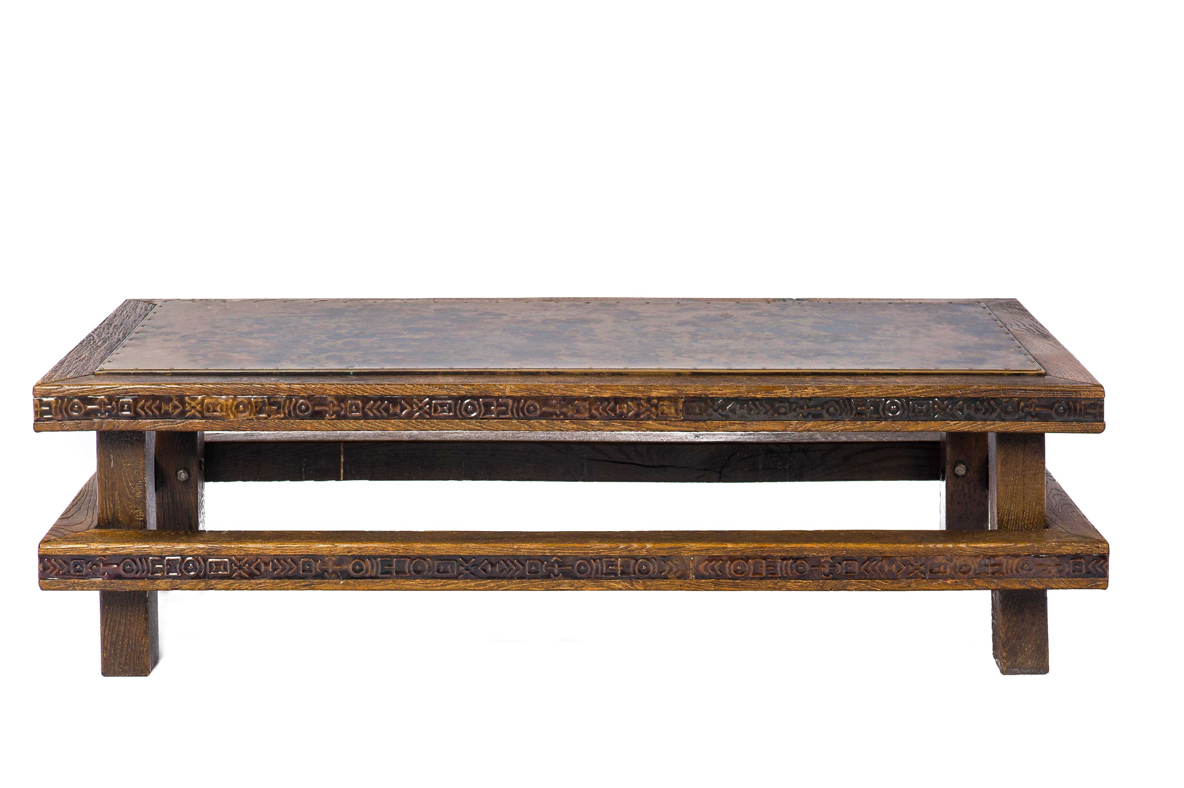 20th Century Midcentury Solid Oak Brutalist Dutch Coffee Table with Copper Top and Inlay For Sale